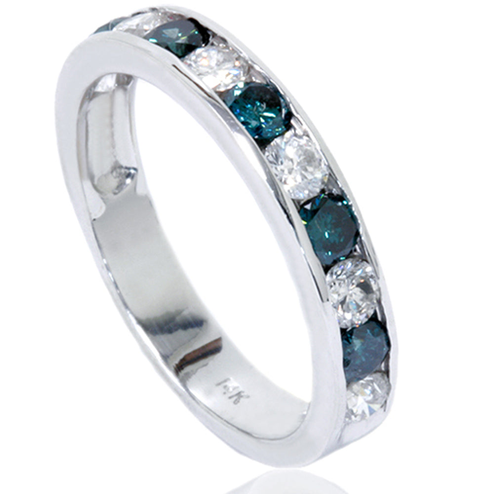 1ct Channel Set Blue & White Diamond Ring 14K White Gold