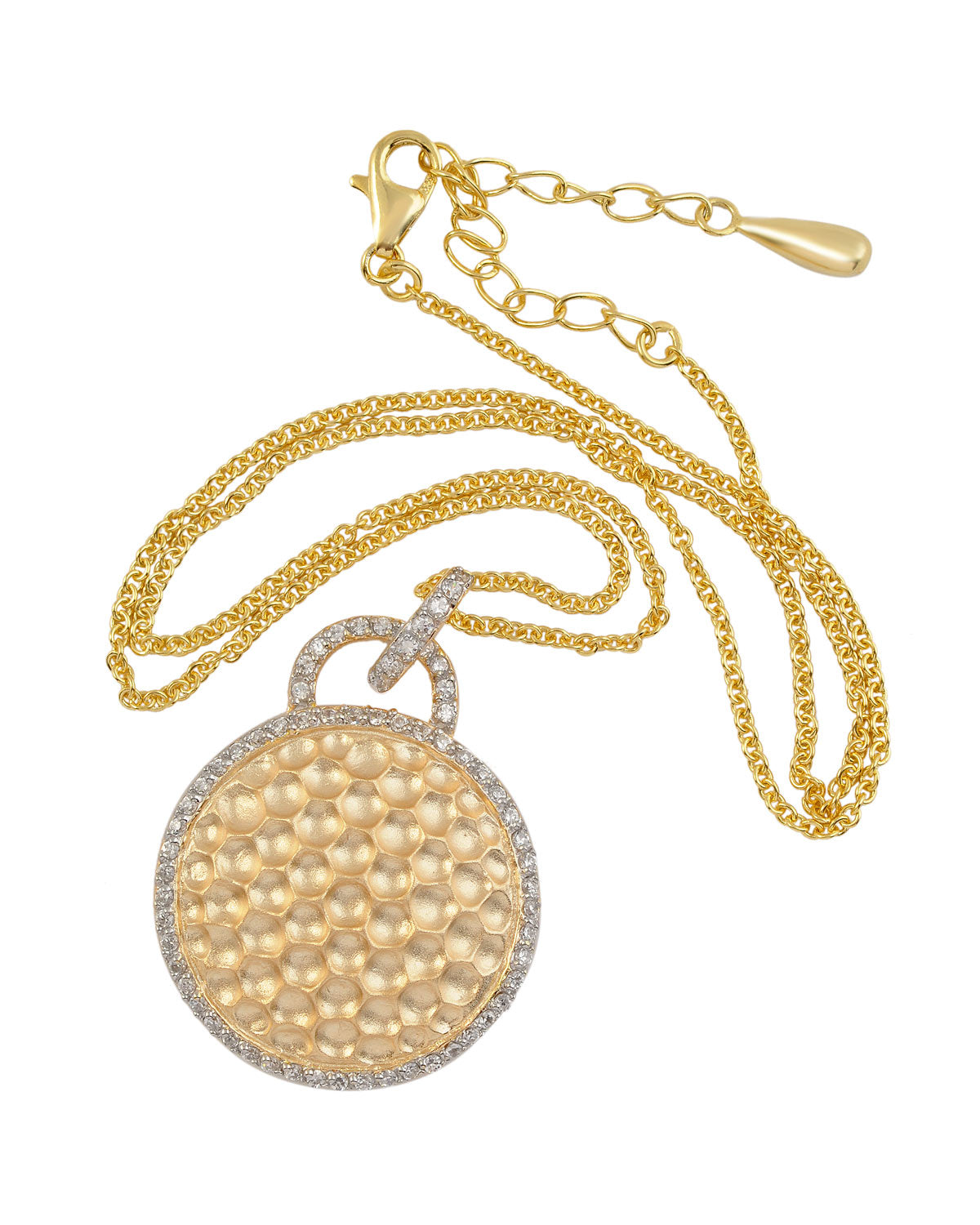 C.z. Sterling Silver Gold Plated Round Hammered Drop Pendant
