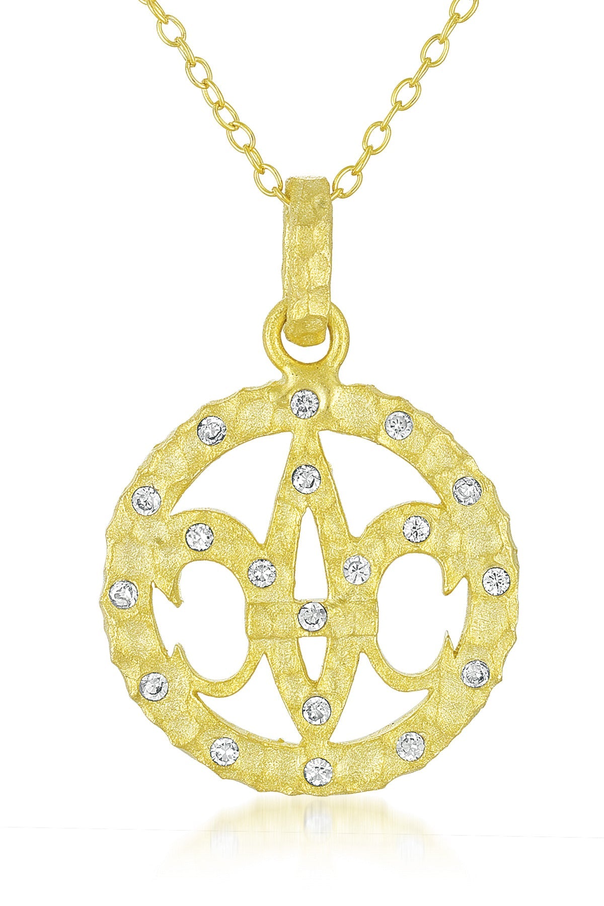 C.z. Sterling Silver Gold Plated Fleur De Lis Round Drop Pendants