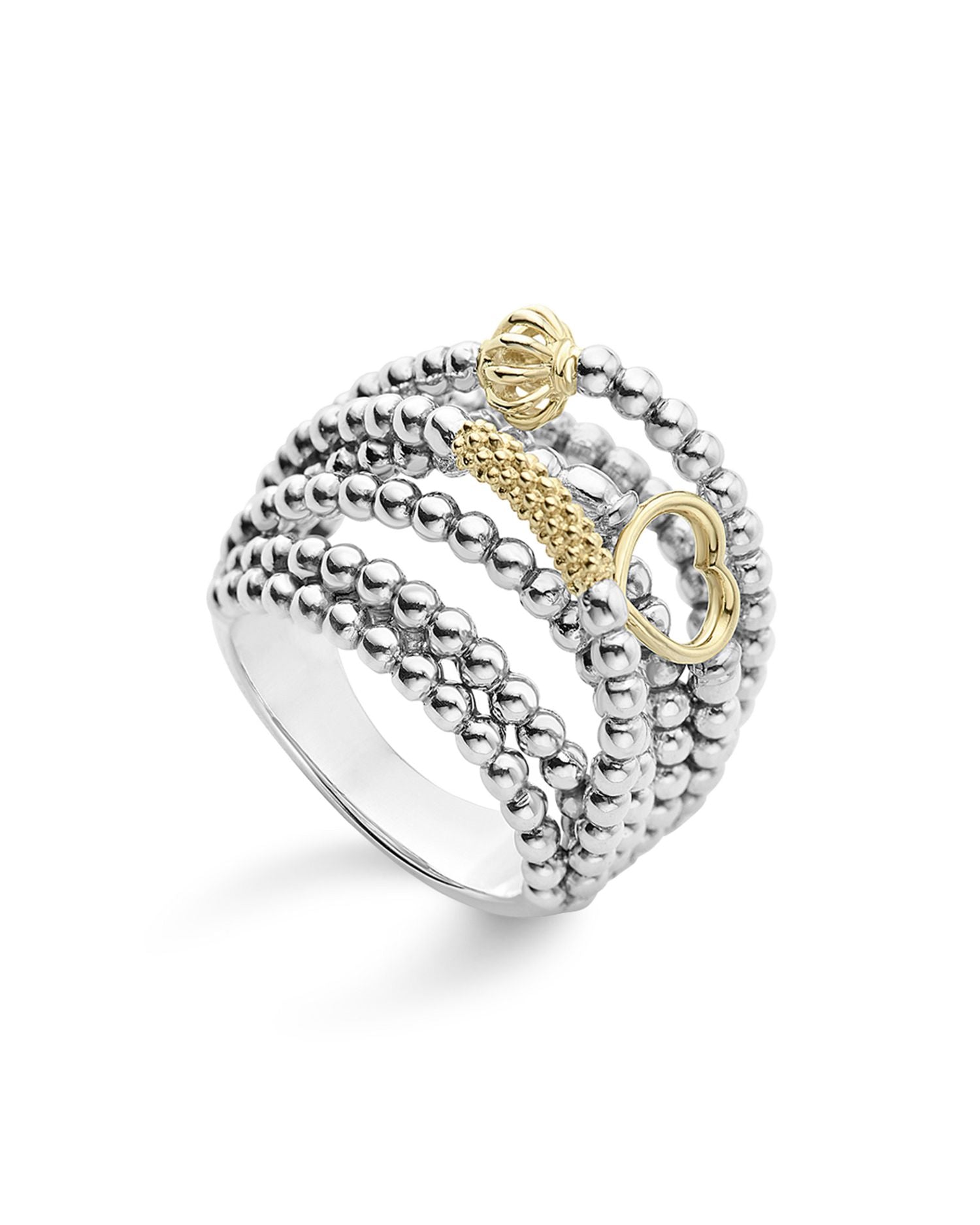 18K Gold and Sterling Silver Domed Caviar Icon Multi Row Ring