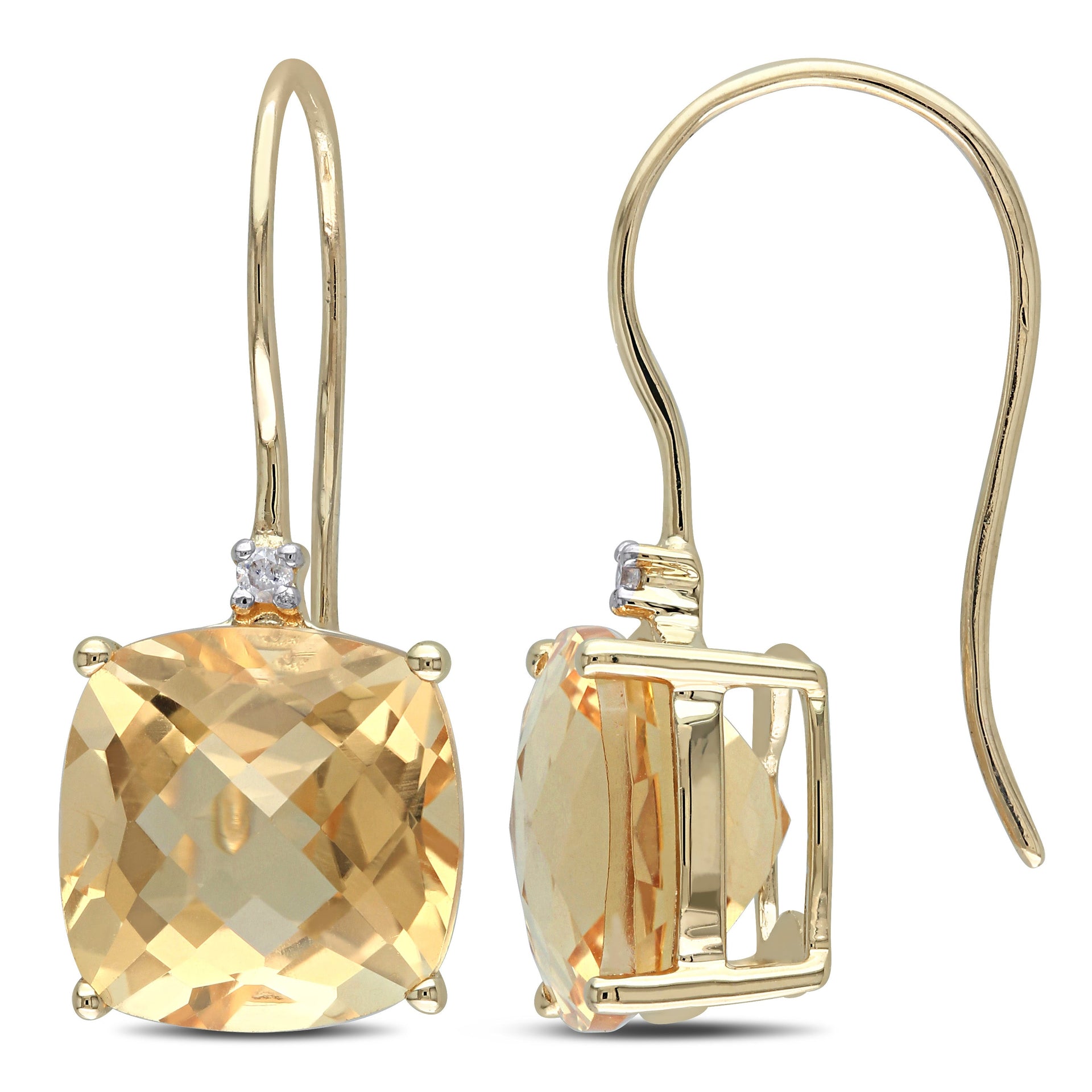 8 CT TGW Cushion Cut Checkerboard Citrine Earrings with Diamonds in 10k Yellow Gold