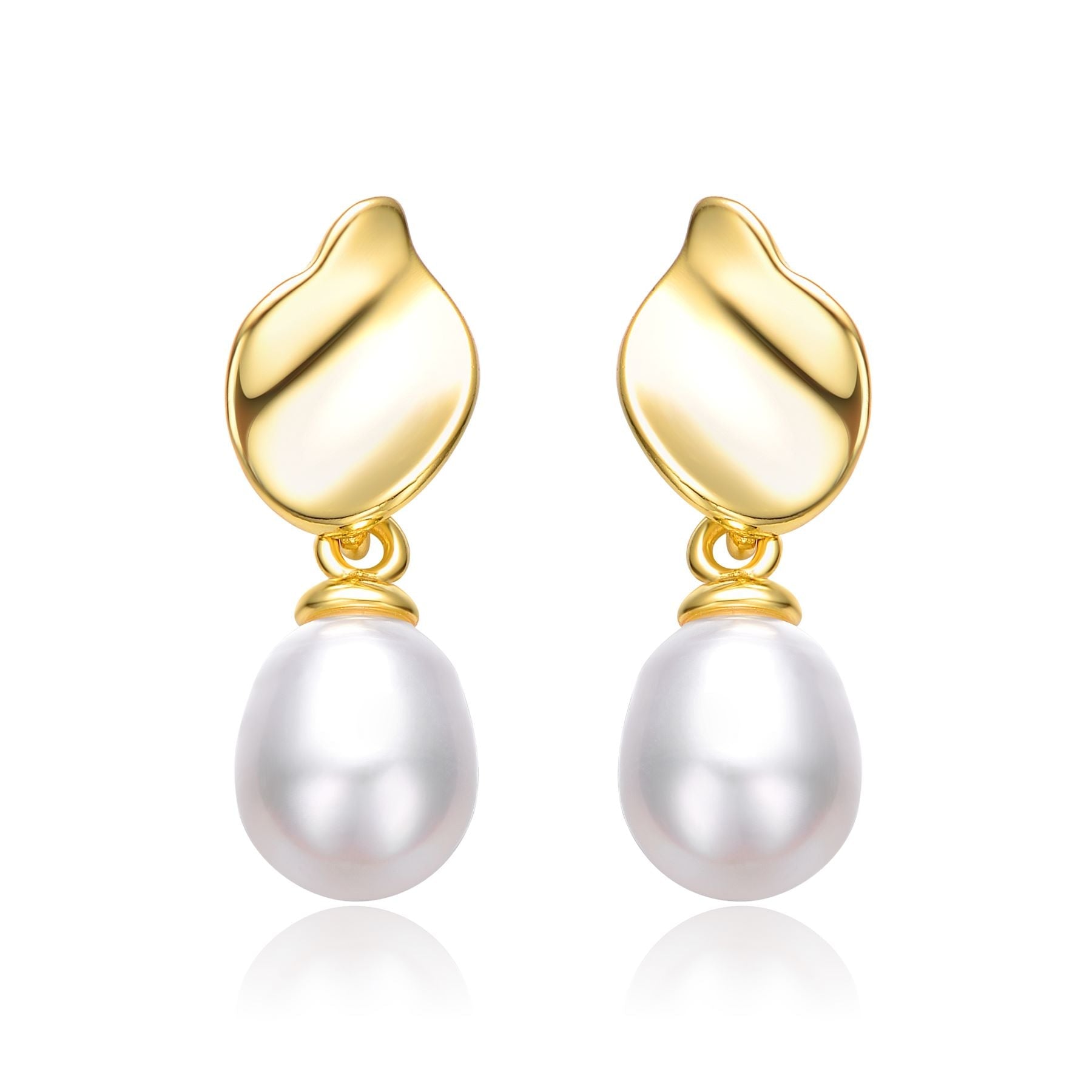 Sterling Silver 14k Yellow Gold Plated with Oval White Pearl Seashell Design Double Dangle Earrings