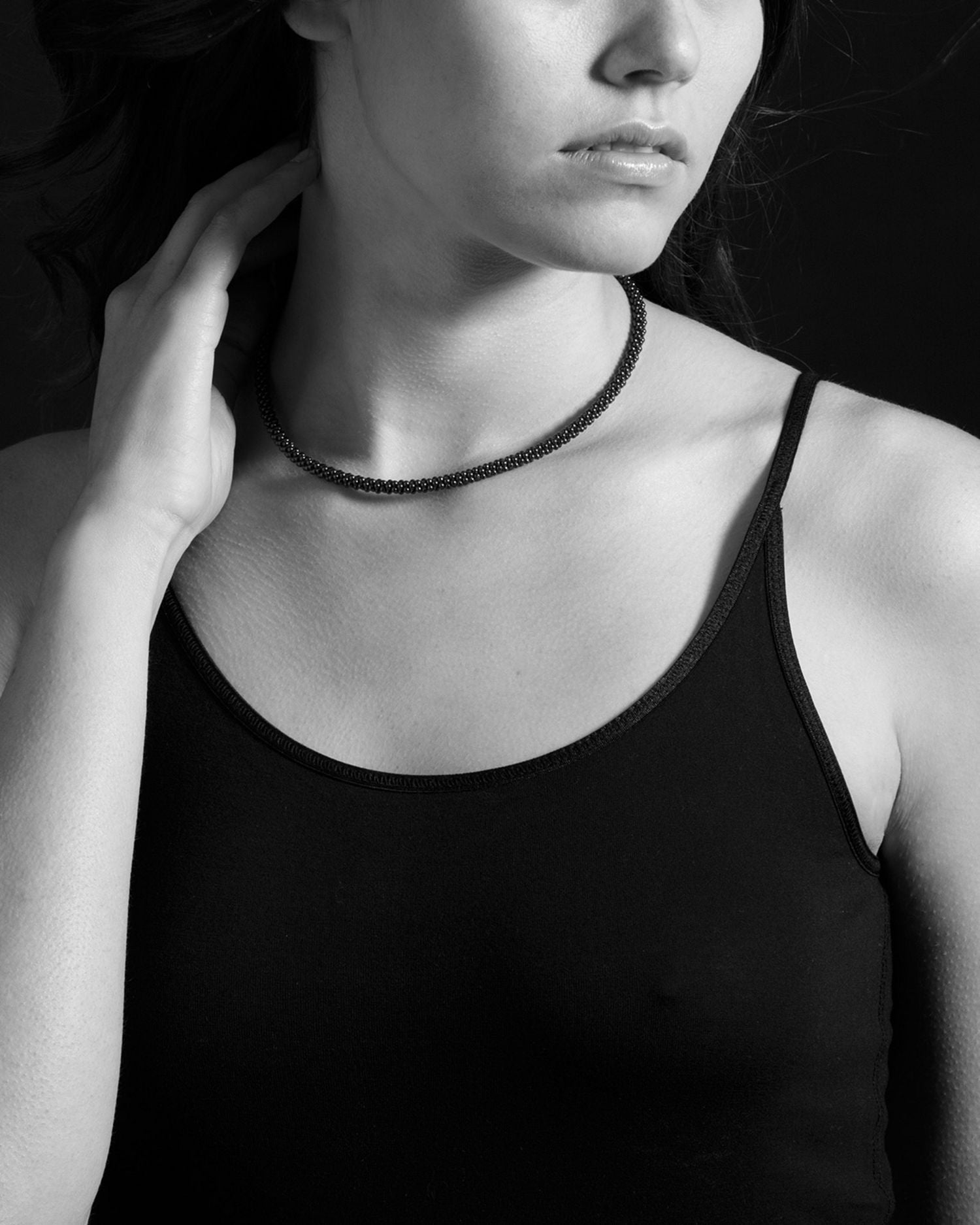 Black Caviar Ceramic Necklace with 18K Gold, 16"