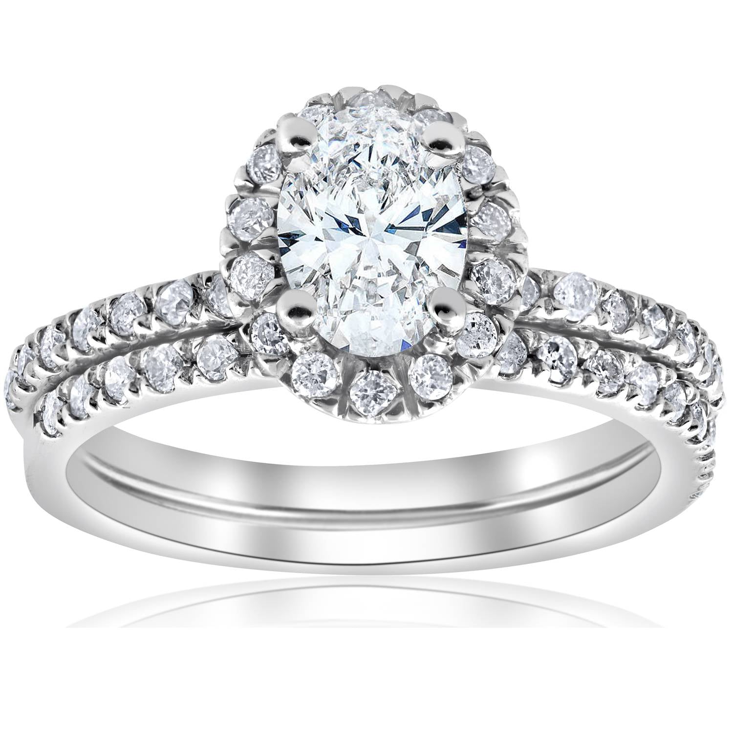 1 1/3 ct Oval Halo Diamond Engagement Wedding Ring Set 14k White Gold