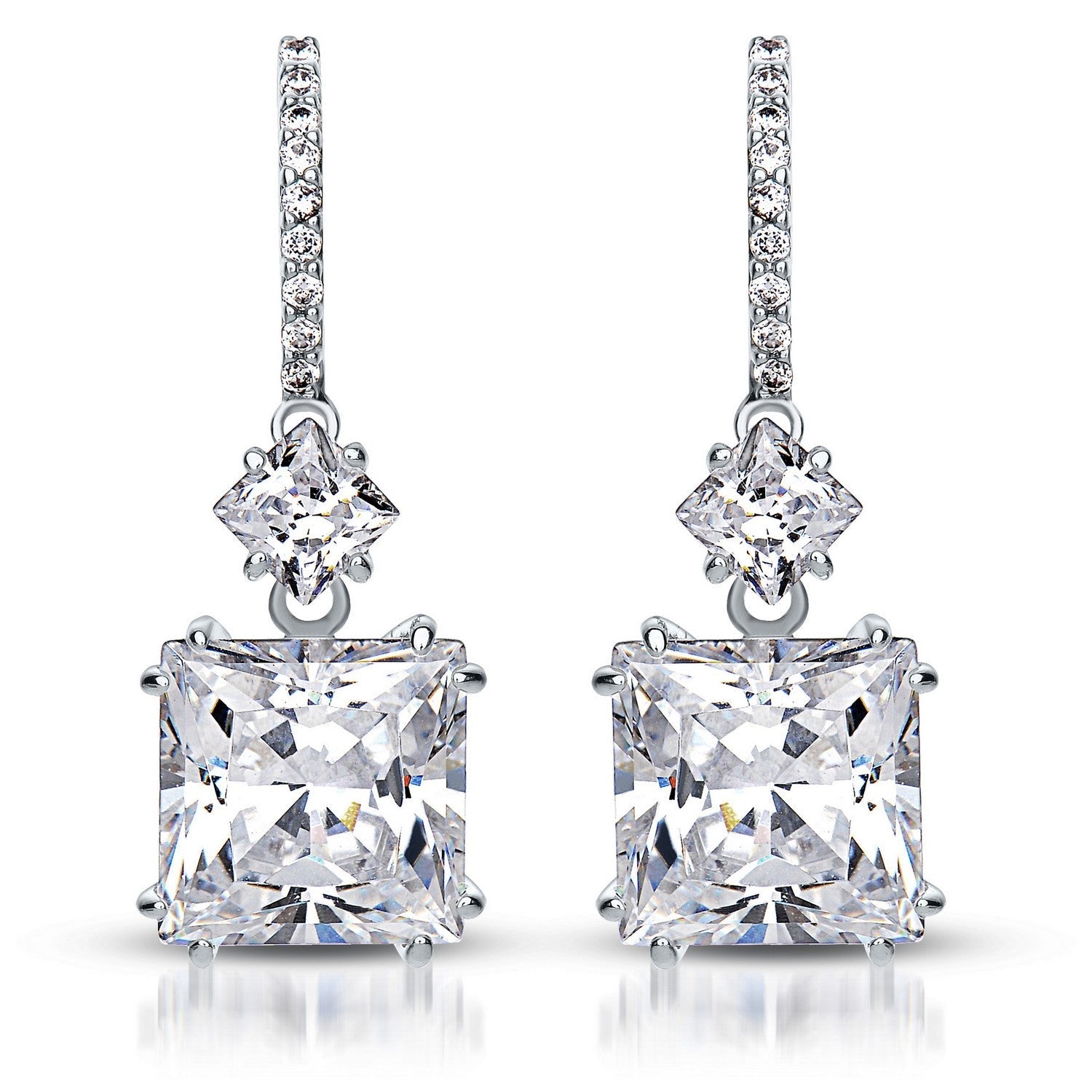 Sterling Silver Rhodium Plated Cubic Zirconia Square Drop Earrings