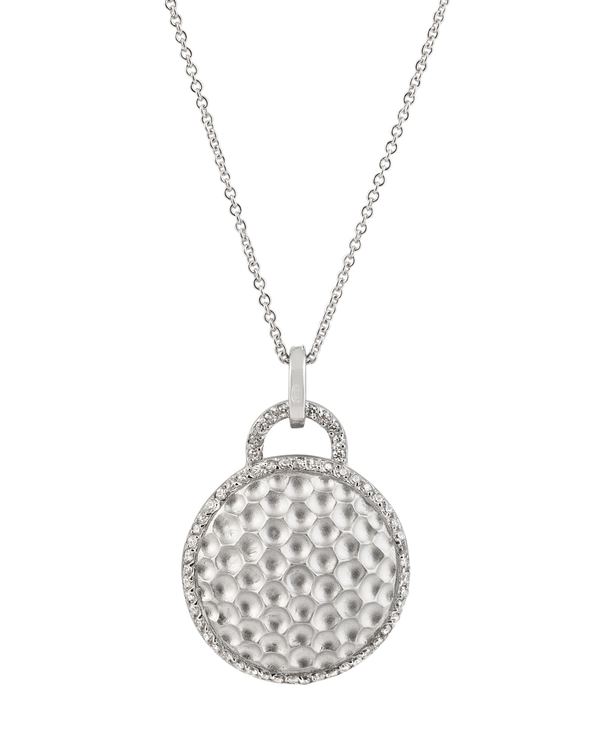 Sterling Silver Rhodium Plated Round Hammered Drop Pendant