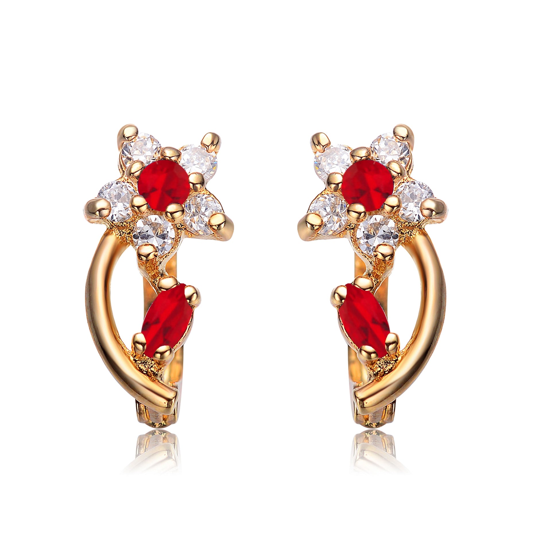 Sterling Silver Gold Plated Ruby Cubic Zirconia Flower Huggie Earrings
