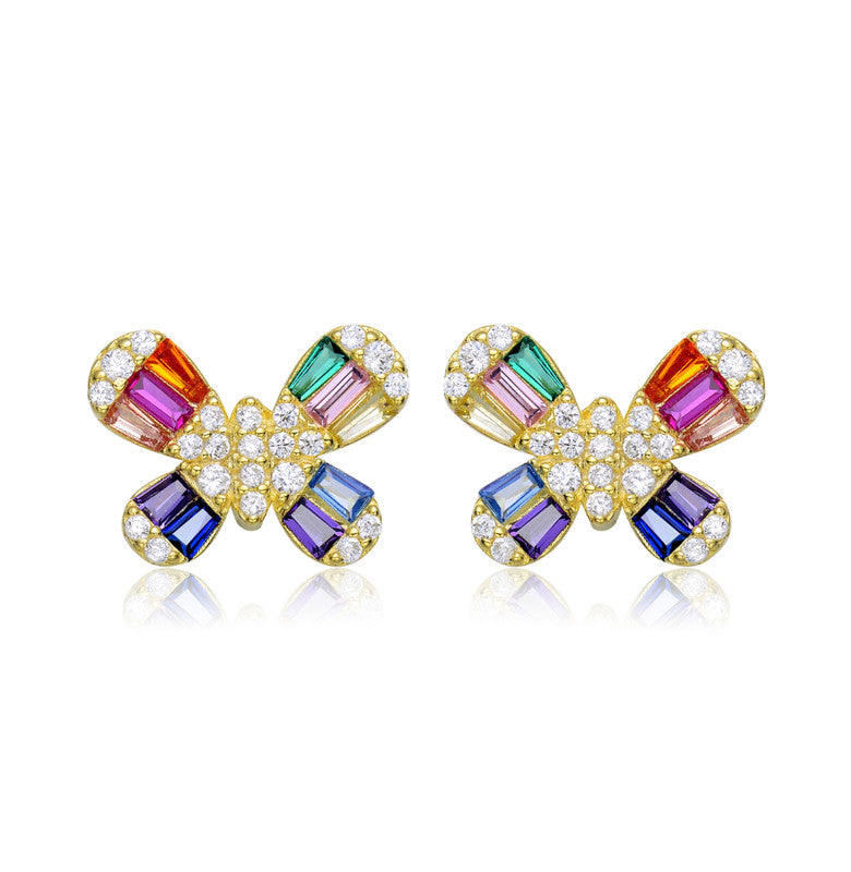 Sterling Silver With Colored Baguette Cubic Zirconia Butterfly Stud Earrings