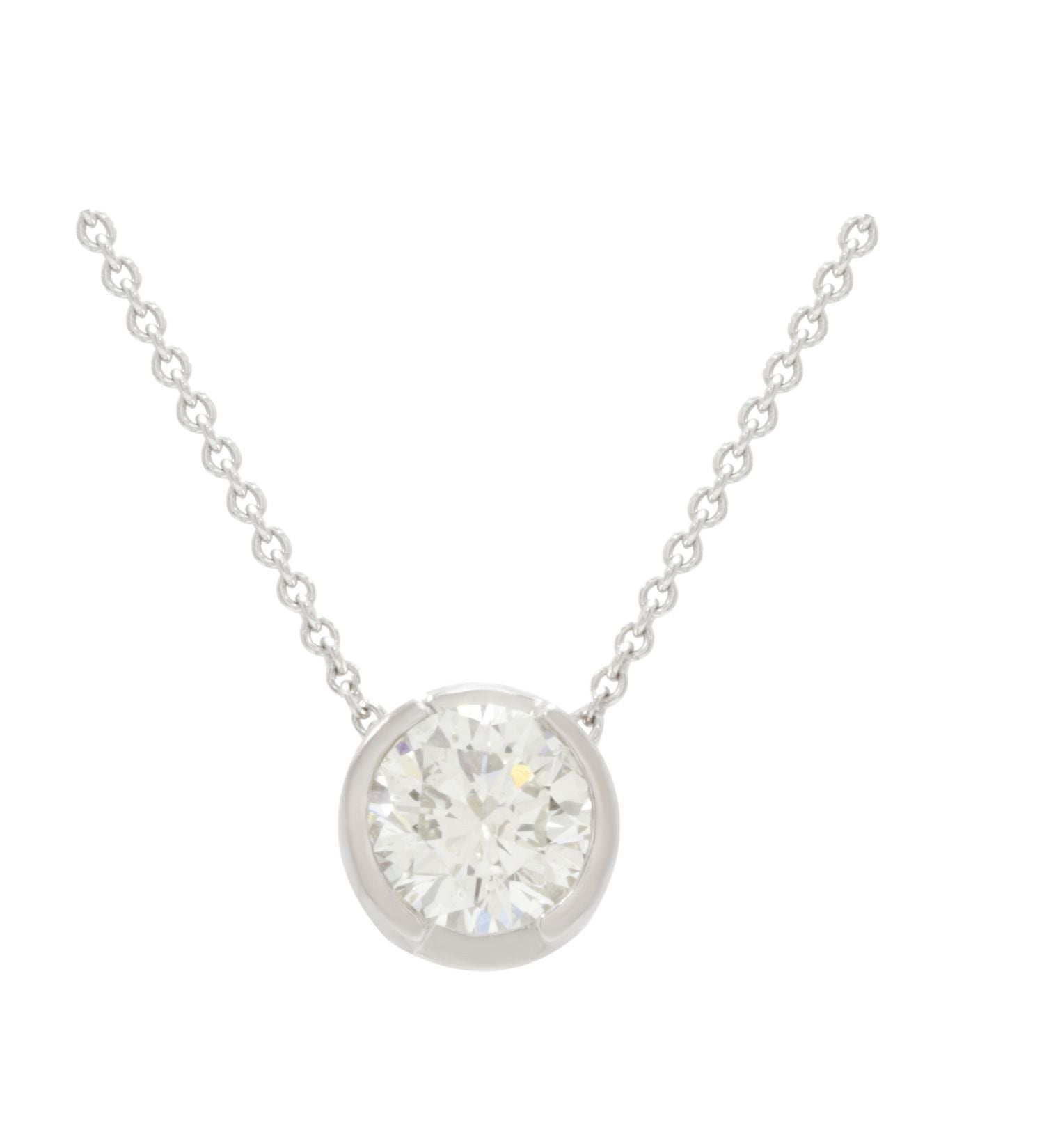 18kt white gold bezel pendant featuring 1.03 ct I-J Color SI1 Clarity EGL certified round diamond