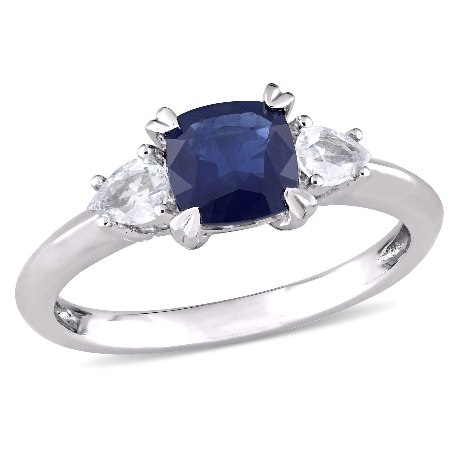 Mimi & Max Cushion Cut Blue Sapphire Pear Shape White Sapphire 3-stone Ring 14k White Gold