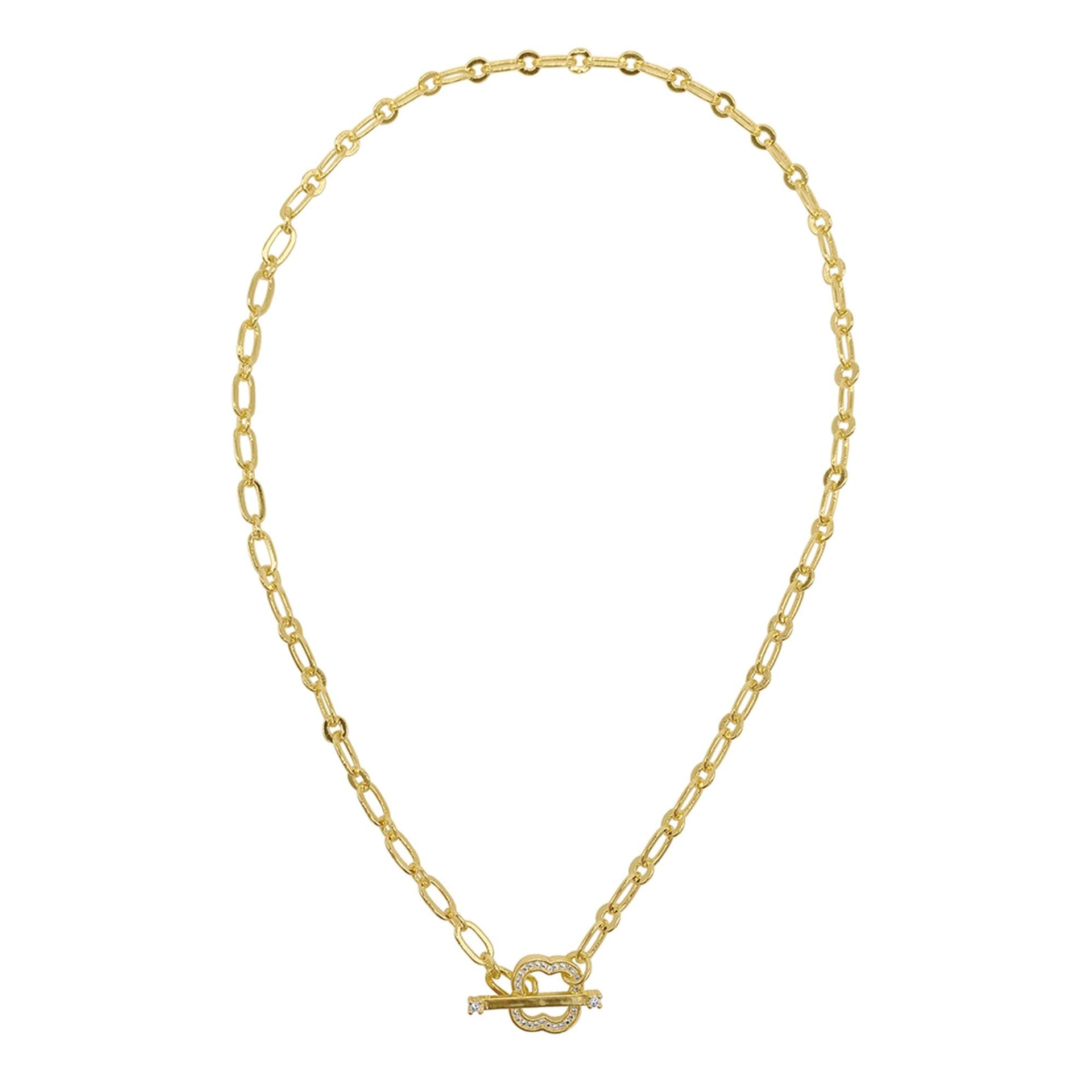 14k Gold Plated Crystal Clover Paper Clip Chain Toggle Necklace