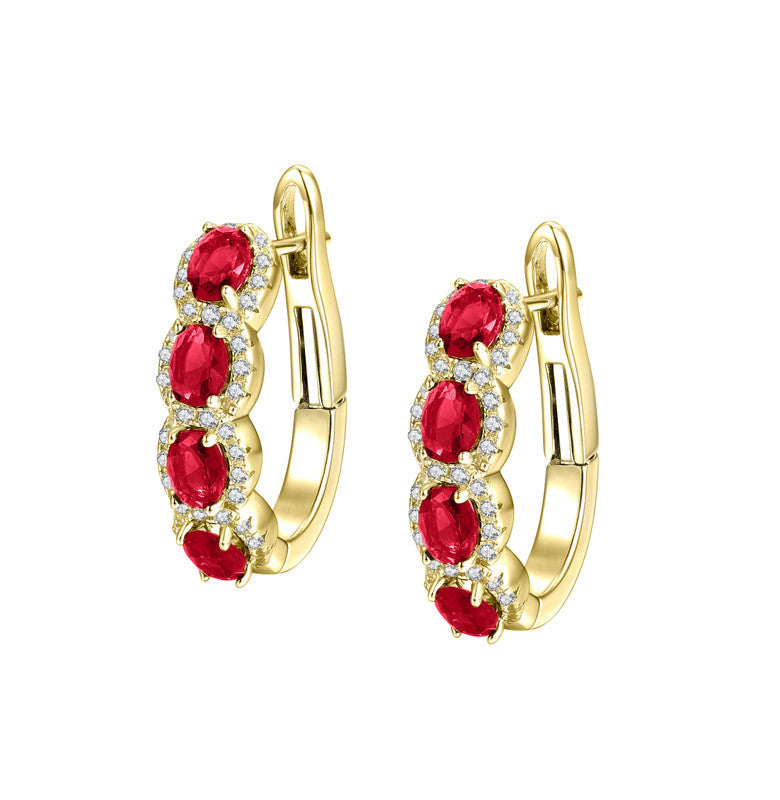 Sterling Silver Gold Plated With Ruby & Diamond Cubic Zirconia Oblong Hoop Leverback Earrings.