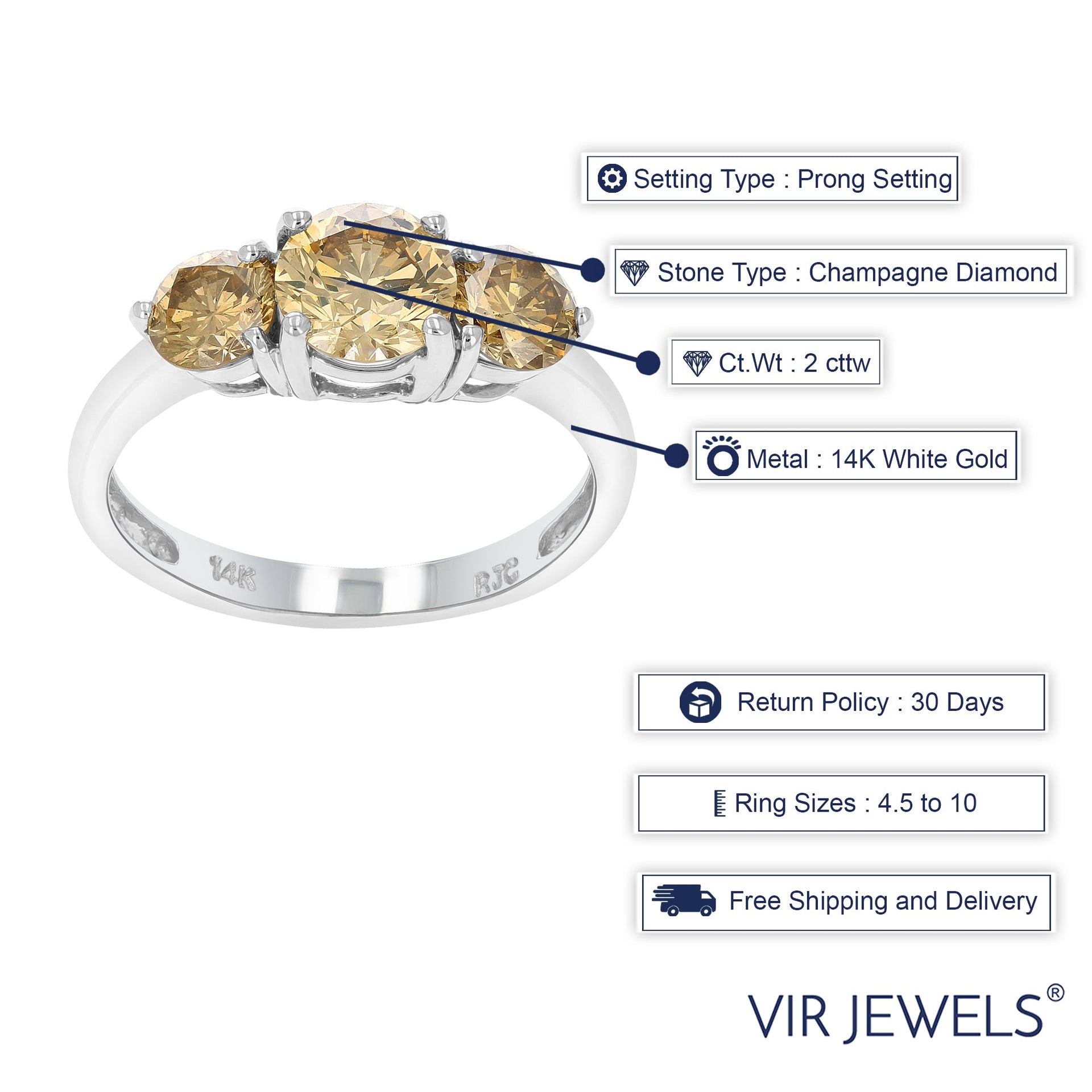 2 cttw 3 Stone Round Champagne Diamond Engagement Ring 14K White Gold