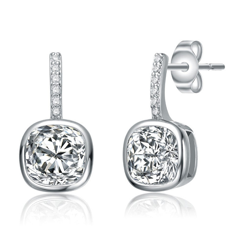 White Gold Plated Square Framed Stud Linear Earrings with Clear Cubic Zirconia