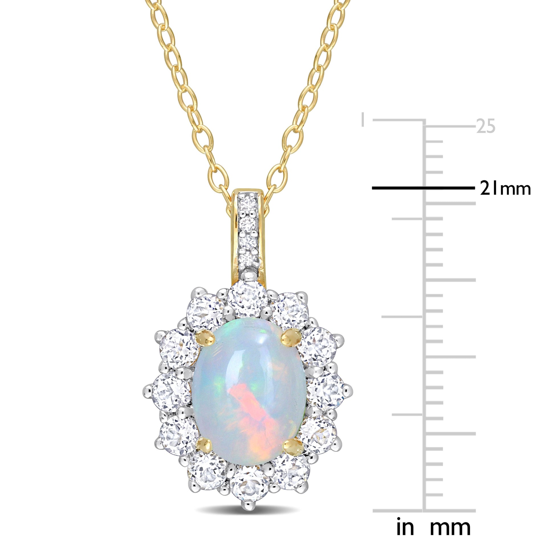 2 1/6 CT TGW Oval Shape Blue Ethiopian Opal and White Topaz and Diamond Accent Halo Pendant with Chain in Yellow Plated Sterling Silver