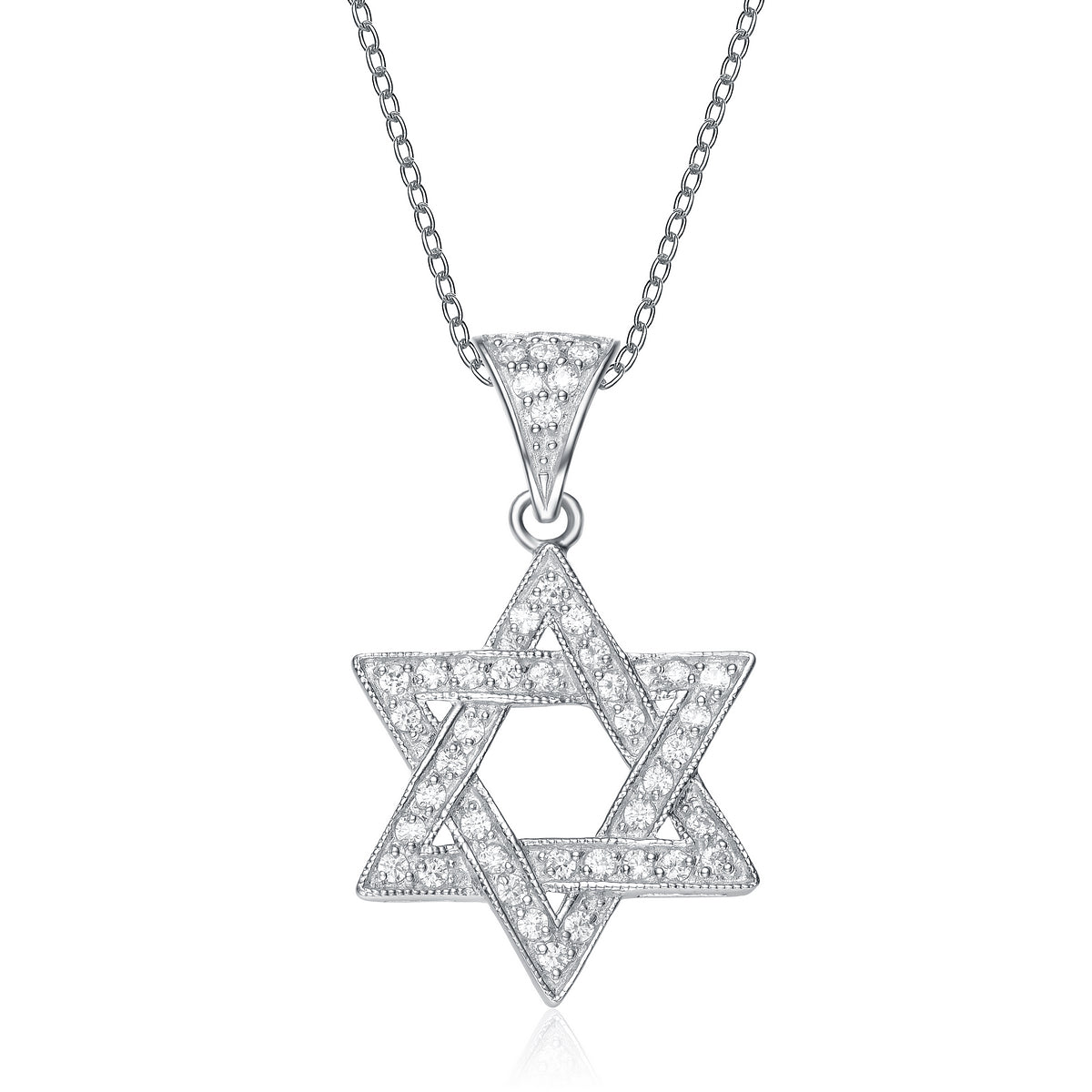 Gv C.z. Sterling Silver Rhodium Plated Star Of David Drop Pendant