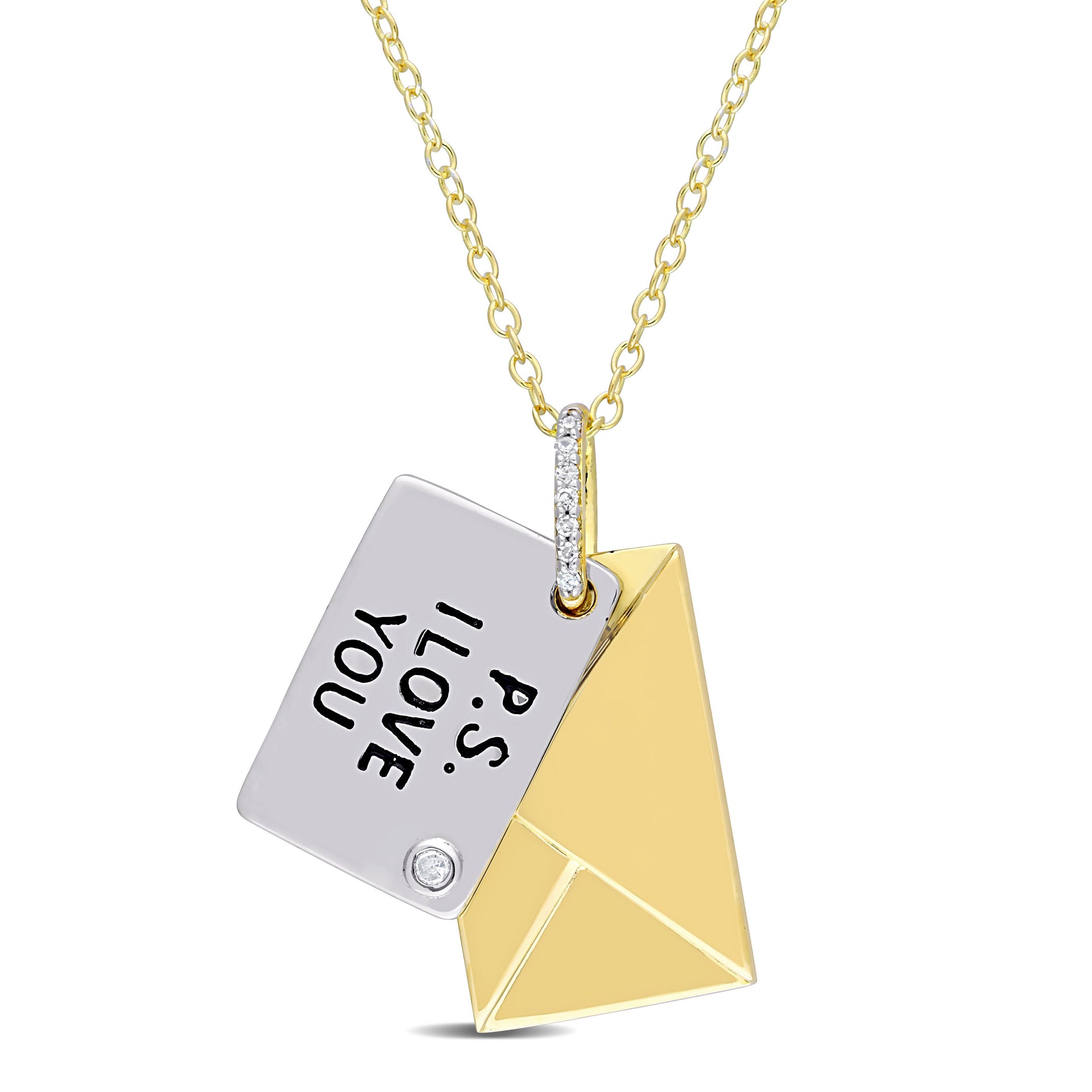Diamond Accent Letter Envelope 'I Love You' Pendant with Chain in Yellow Plated Sterling Silver