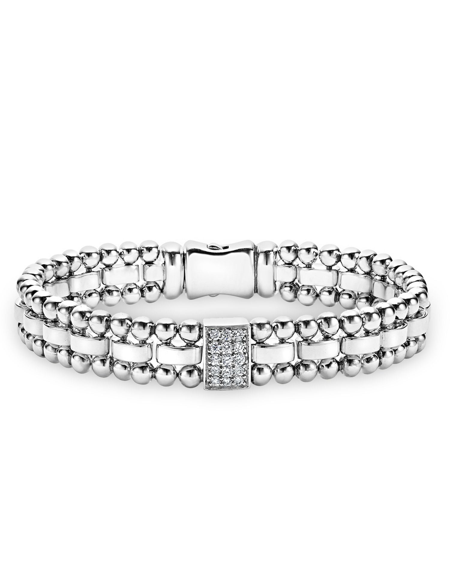 Sterling Silver Caviar Spark Diamond Rectangle Link Bracelet