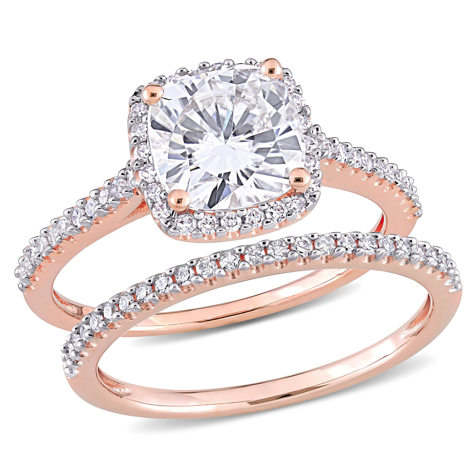 2 ct DEW Cushion Created Moissanite and 1/3ct TW Diamond Bridal Ring Set in 14k Rose Gold