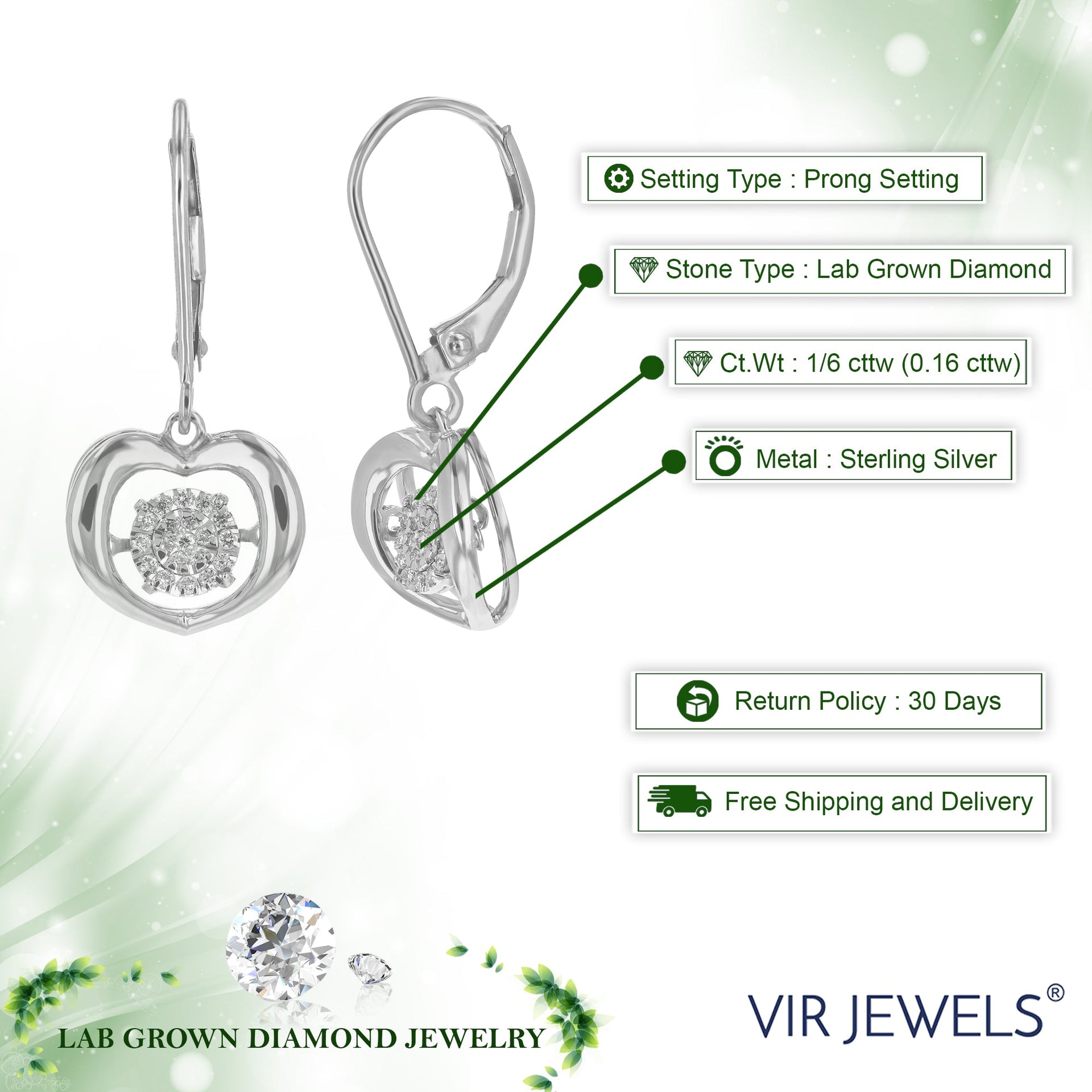 Round Lab Grown Diamond Dangle Earrings 1/6 cttw Made In .925 Sterling Silver Prong Settings Size 1 Inch