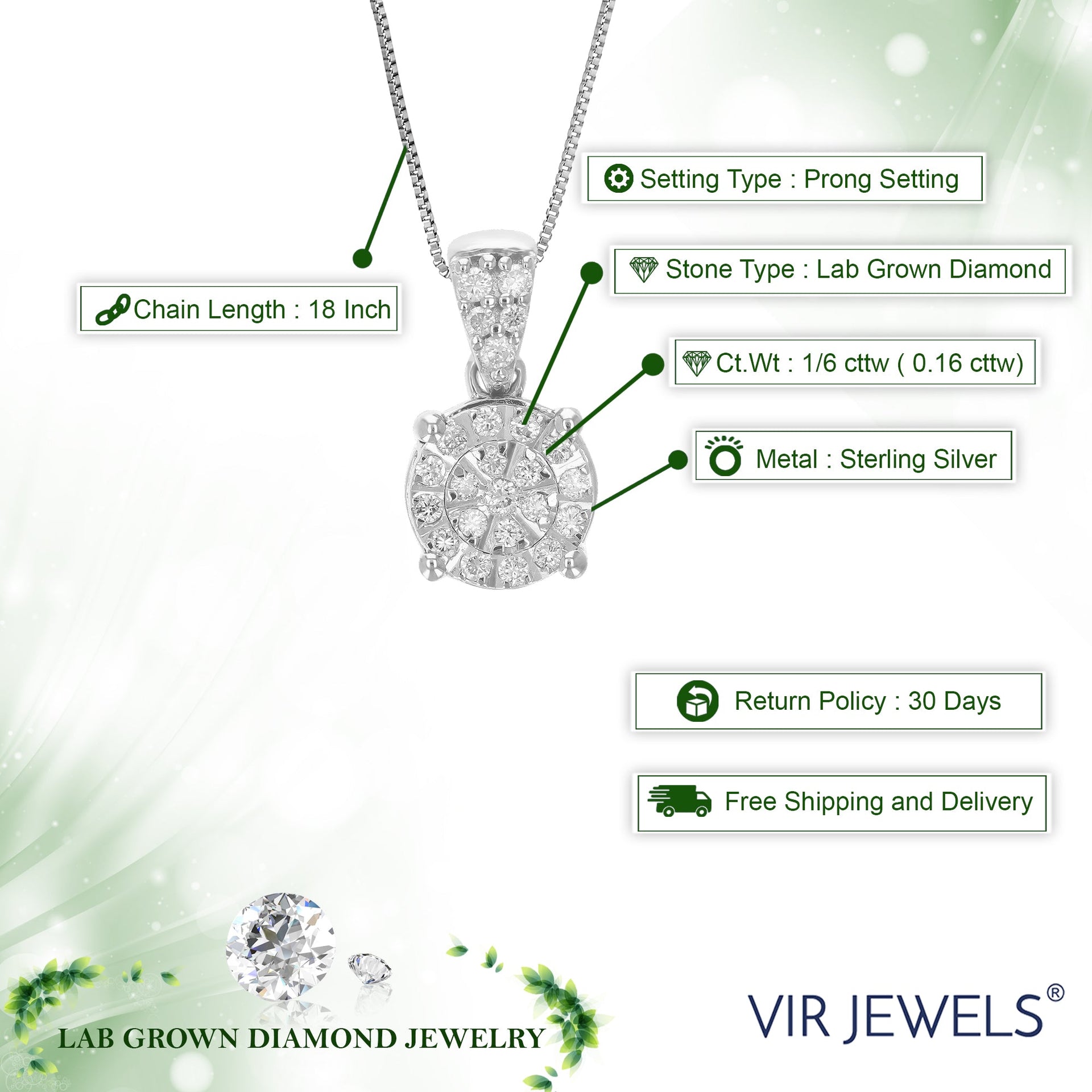 1/6 cttw Lab Grown Diamond .925 Sterling Silver Pendant Necklace 1/4 Inch With 18 Inch Chain