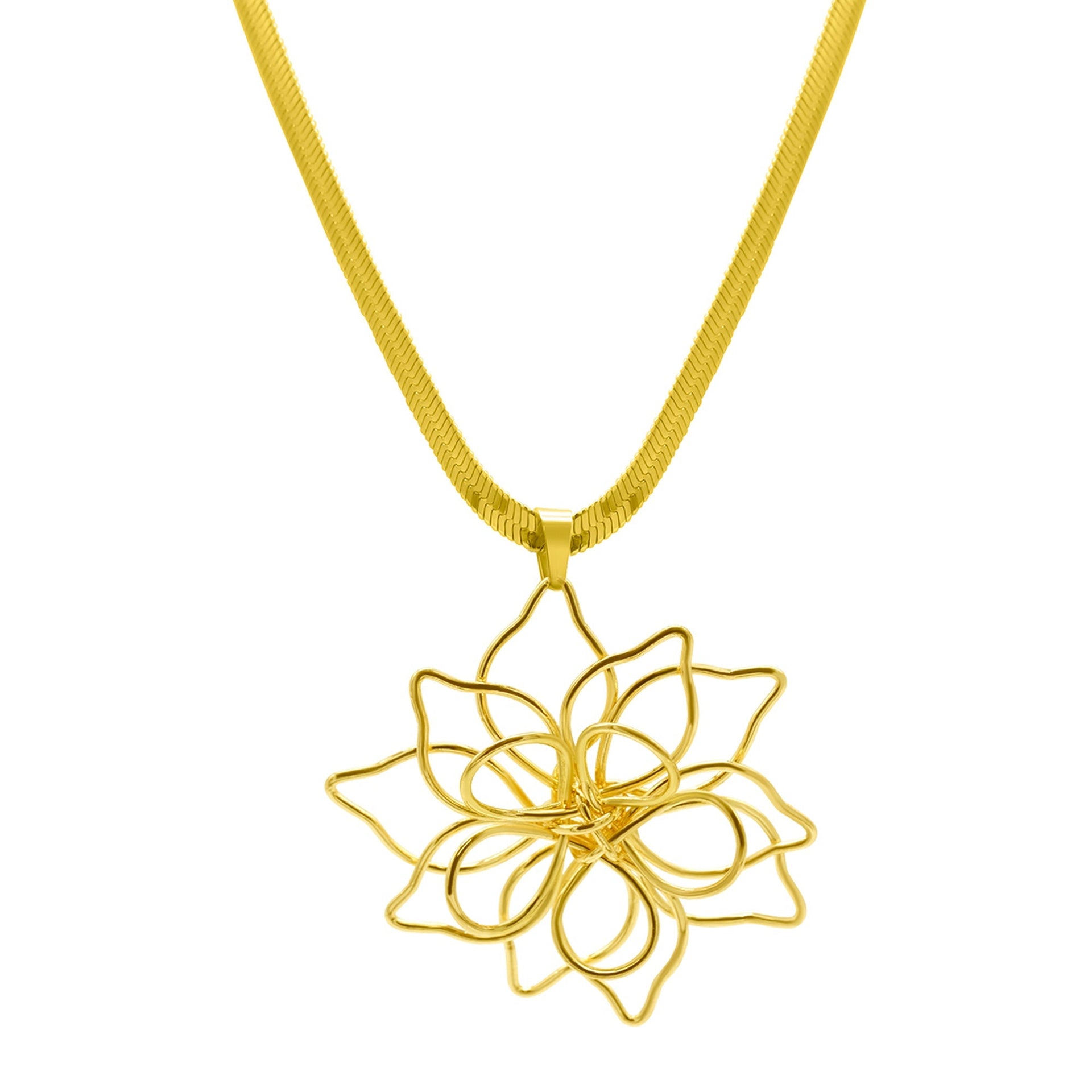 14K Gold Plated Herringbone Wire Flower Necklace