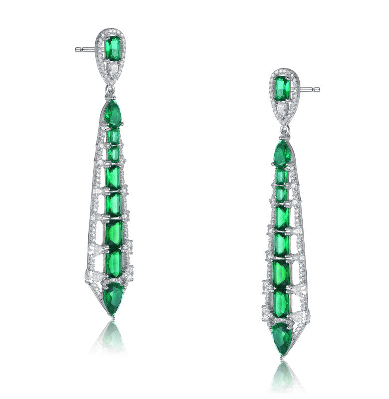 Sterling Silver Green And White Cubic Zirconia Ladder Style Dangle Earrings