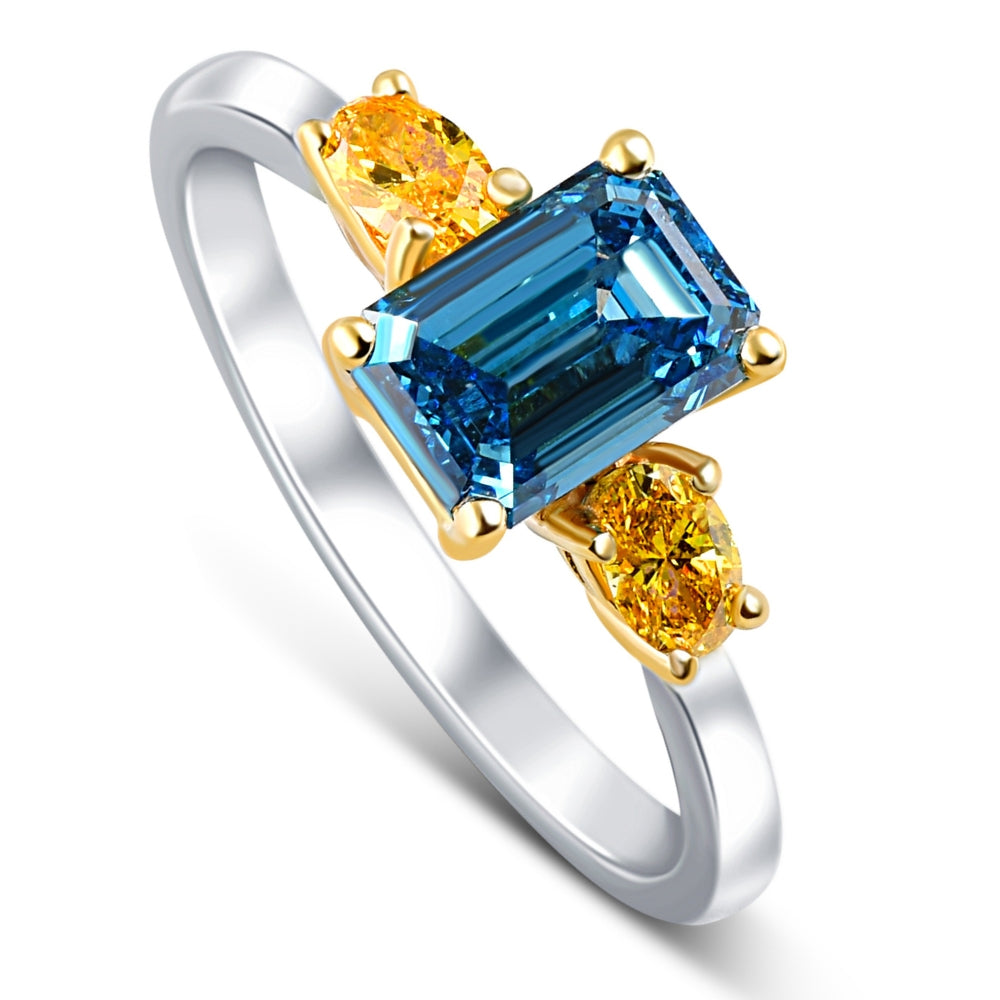 1 1/4Ct Fancy Blue & Yellow Diamond Engagement Three Stone Emerald Ring 14k Gold