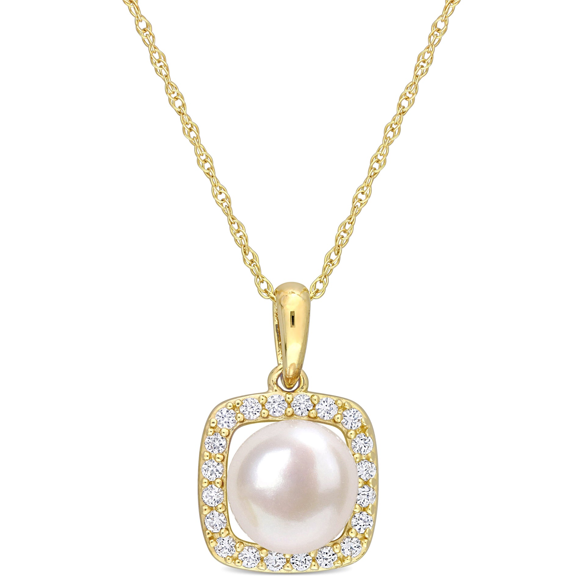 7-7.5mm Cultured Freshwater Pearl and 1/5ct TW Created White Sapphire Halo Necklace in 10k Yellow Gold