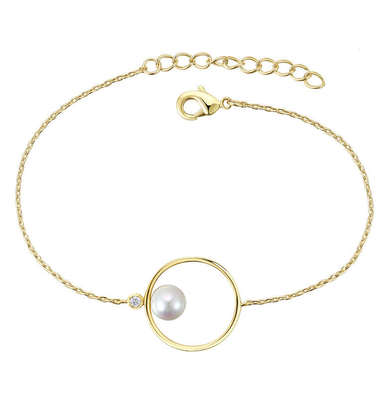 14k Gold Plated with White Freshwater Pearl Solitaire Asymmetrical Wire Halo Delicate Bracelet