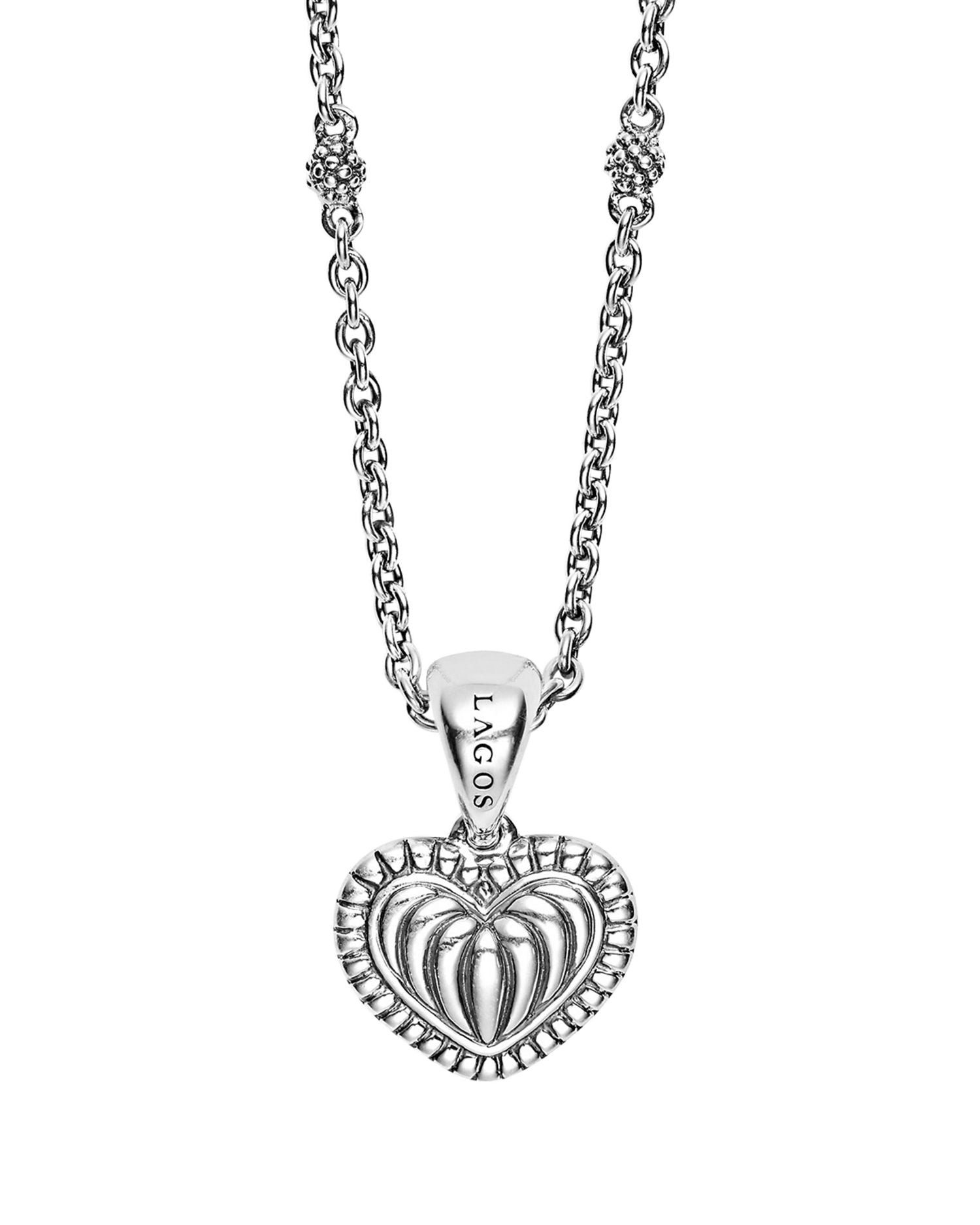 Sterling Silver Signature Caviar Fluted Heart Pendant Chain Necklace, 16'