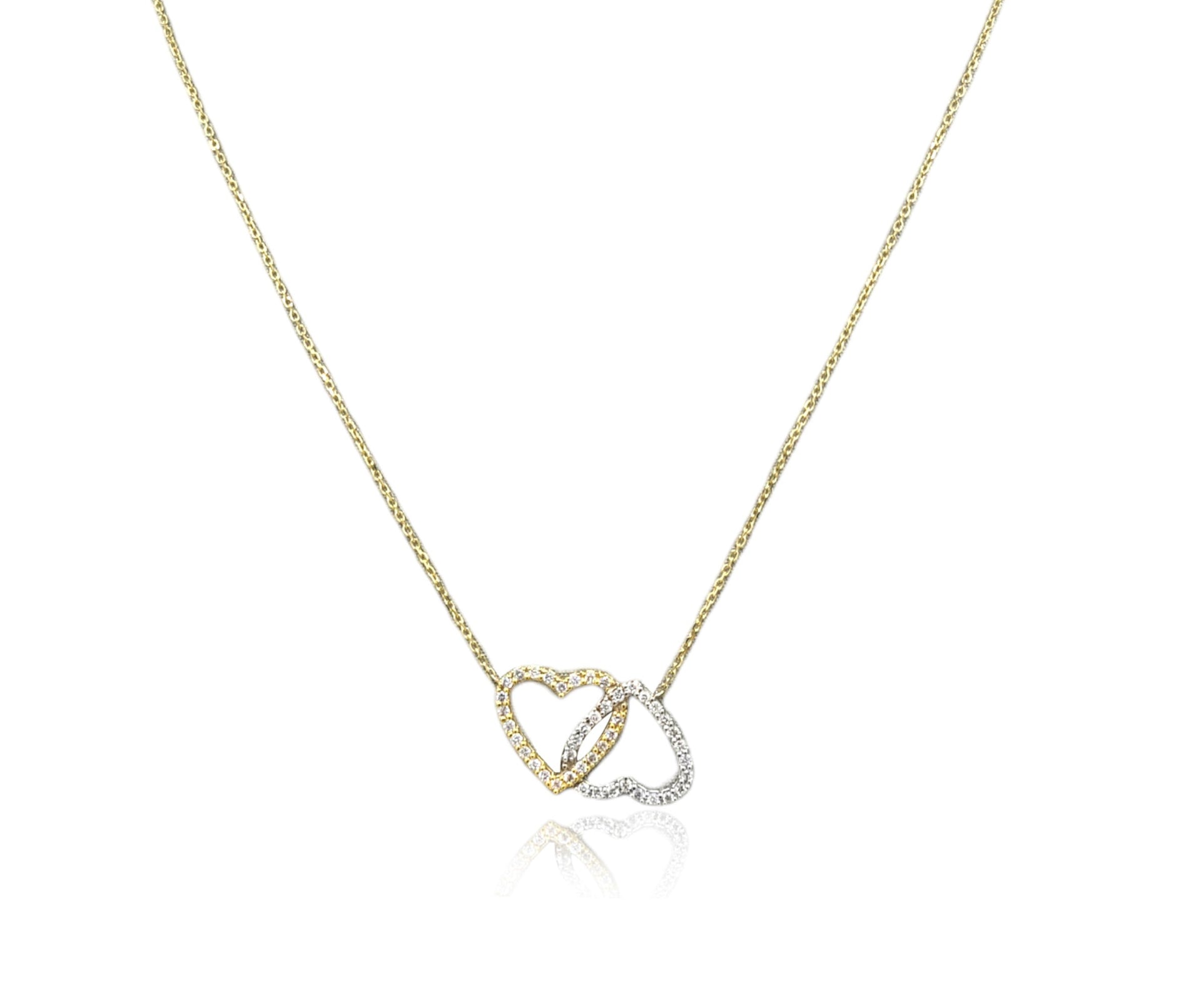14kt two tone gold diamond pendant with two interlocking hearts design adorned with 0.35 cts tw diamonds