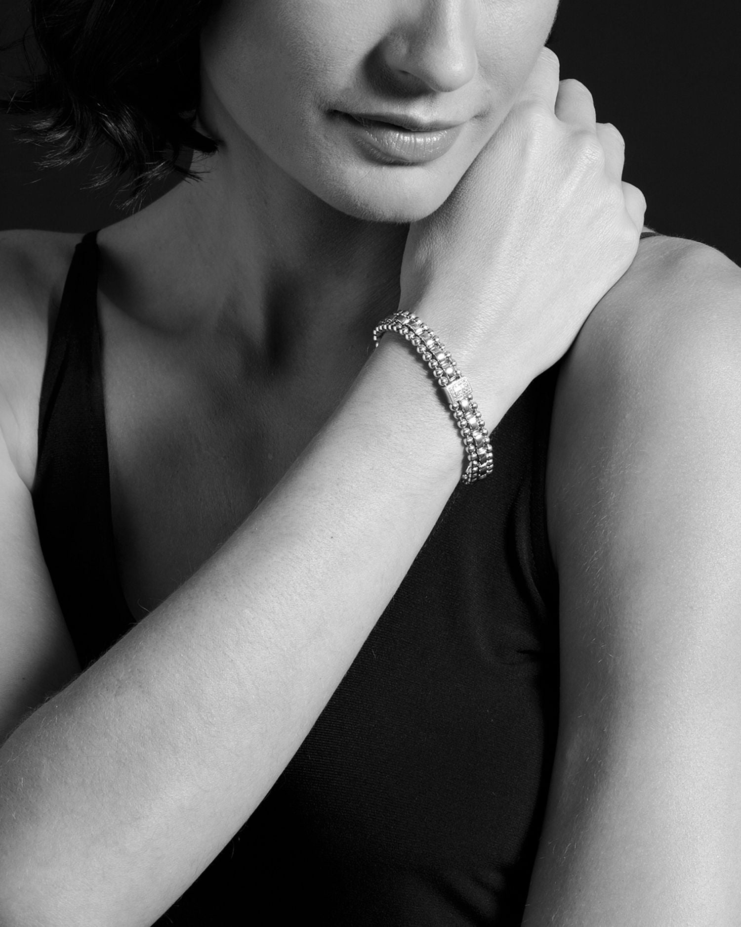Sterling Silver Caviar Spark Diamond Rectangle Link Bracelet
