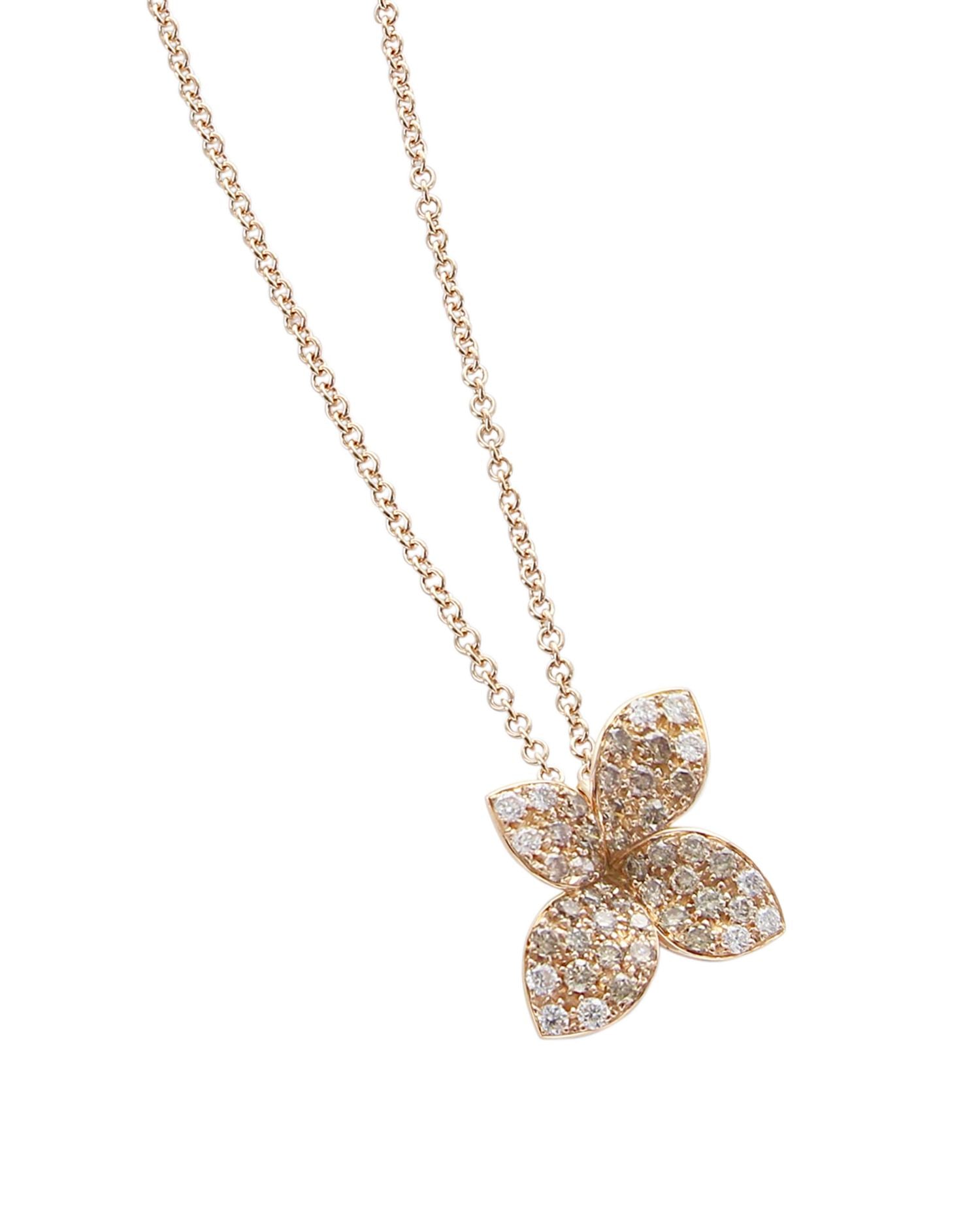 18K Rose Gold Secret Garden Small Four Petal Pavé Diamond Pendant Necklace, 16'