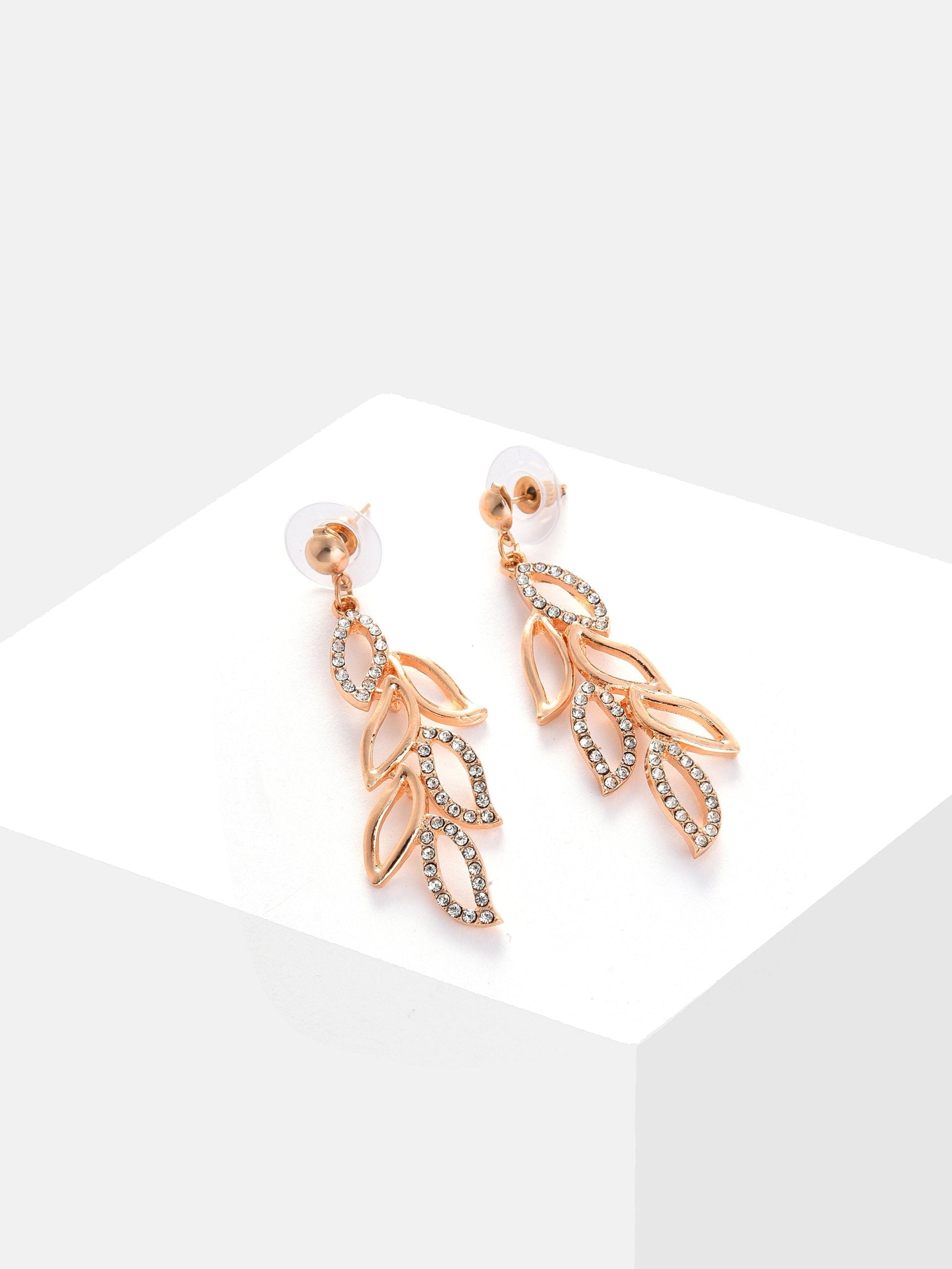 Gold-plated Stone-studded Leaf Shaped Drop Earrings