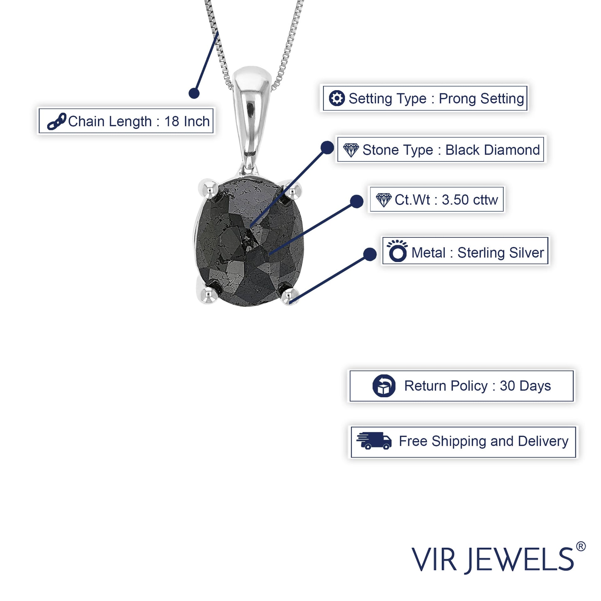 3.50 cttw Oval Shape Black Diamond Pendant Necklace Sterling Silver With Chain