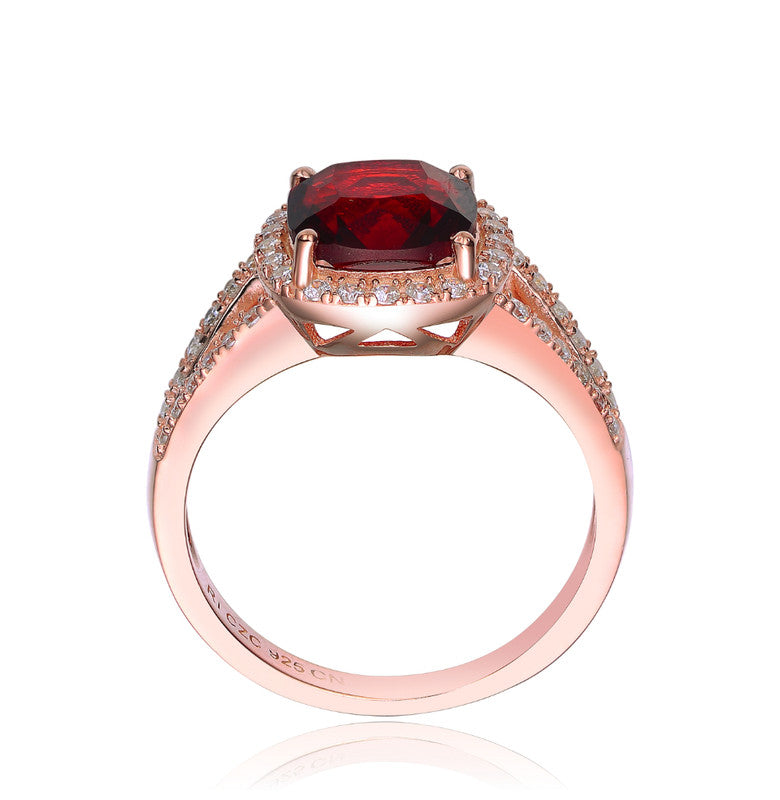 GENEVIVE Sterling Silver Rose Gold Plated Ruby Cubic Zirconia Cocktail Ring