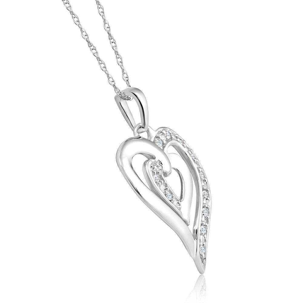 10K White Gold 1/10Ct TW Real Diamond Heart Pendant Necklace