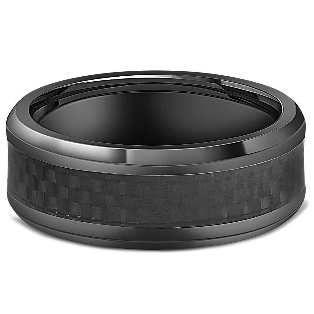 Black Titanium 8mm Beveled Band With Black Carbon Fiber Inlay Comfort Fit Size Selectable