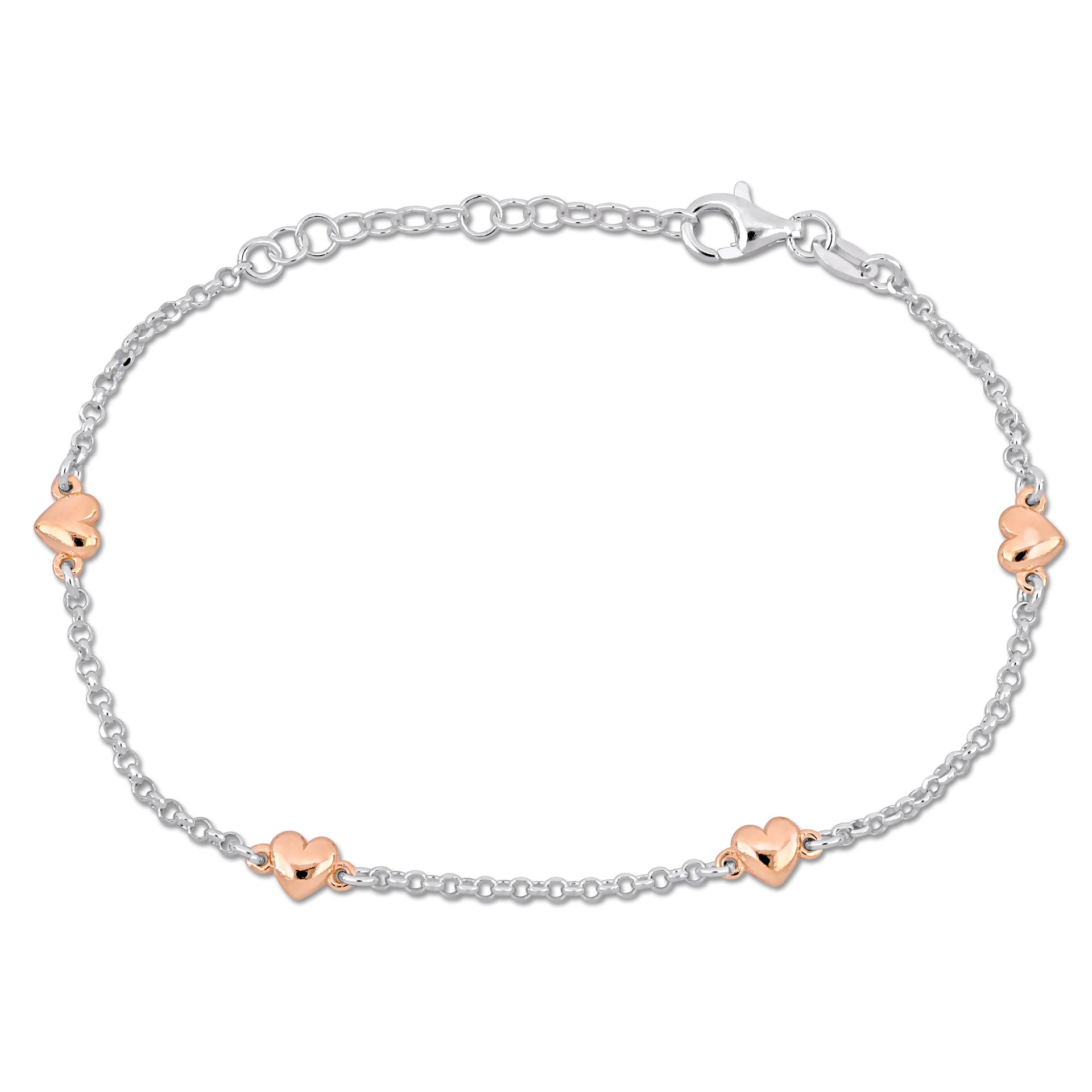 Mimi & Max Four Pink Heart Charm Station Bracelet in Rose and Sterling Silver - 7+1 in.