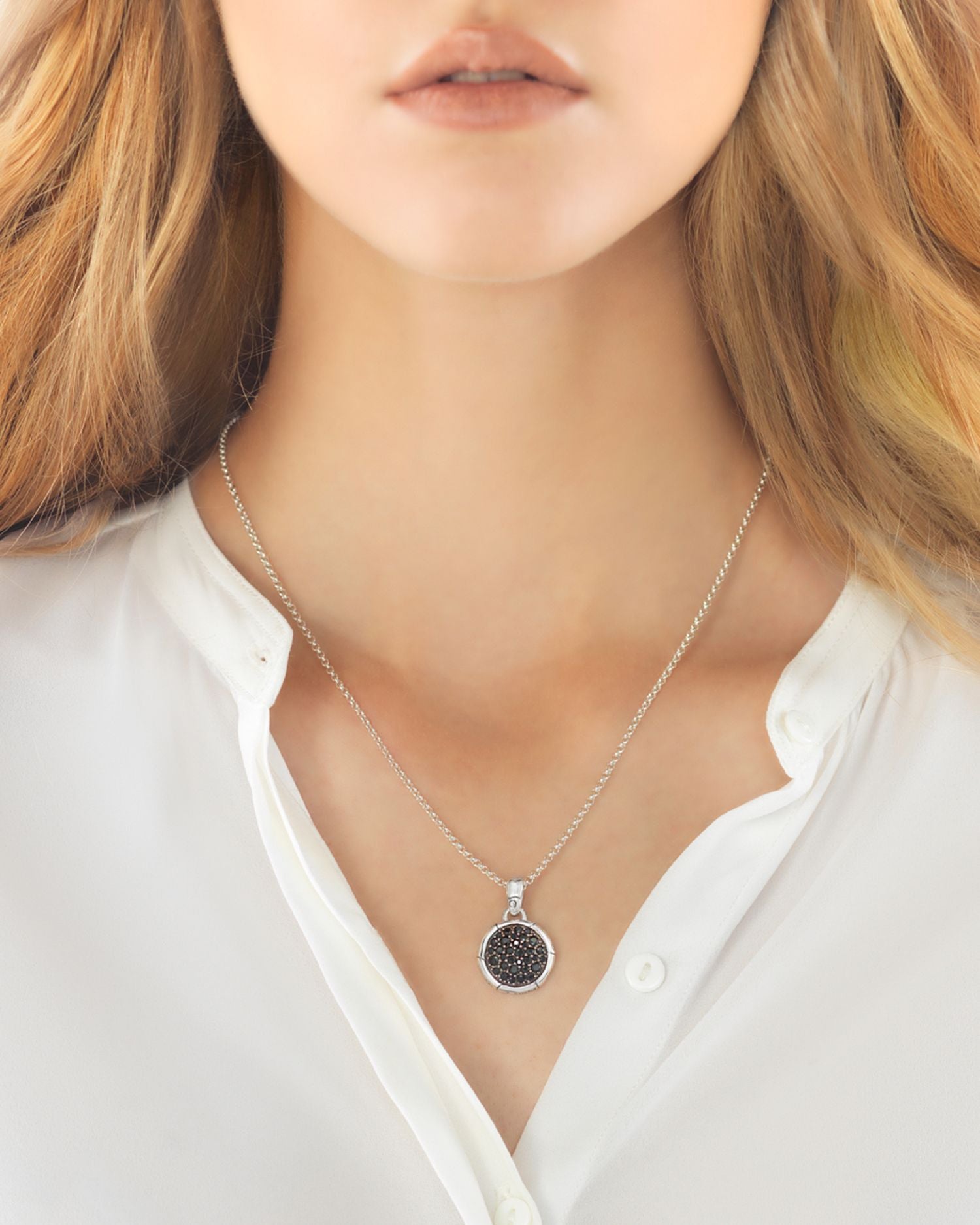 Bamboo Silver Small Round Pendant with Black Sapphire on Chain Necklace, 18'