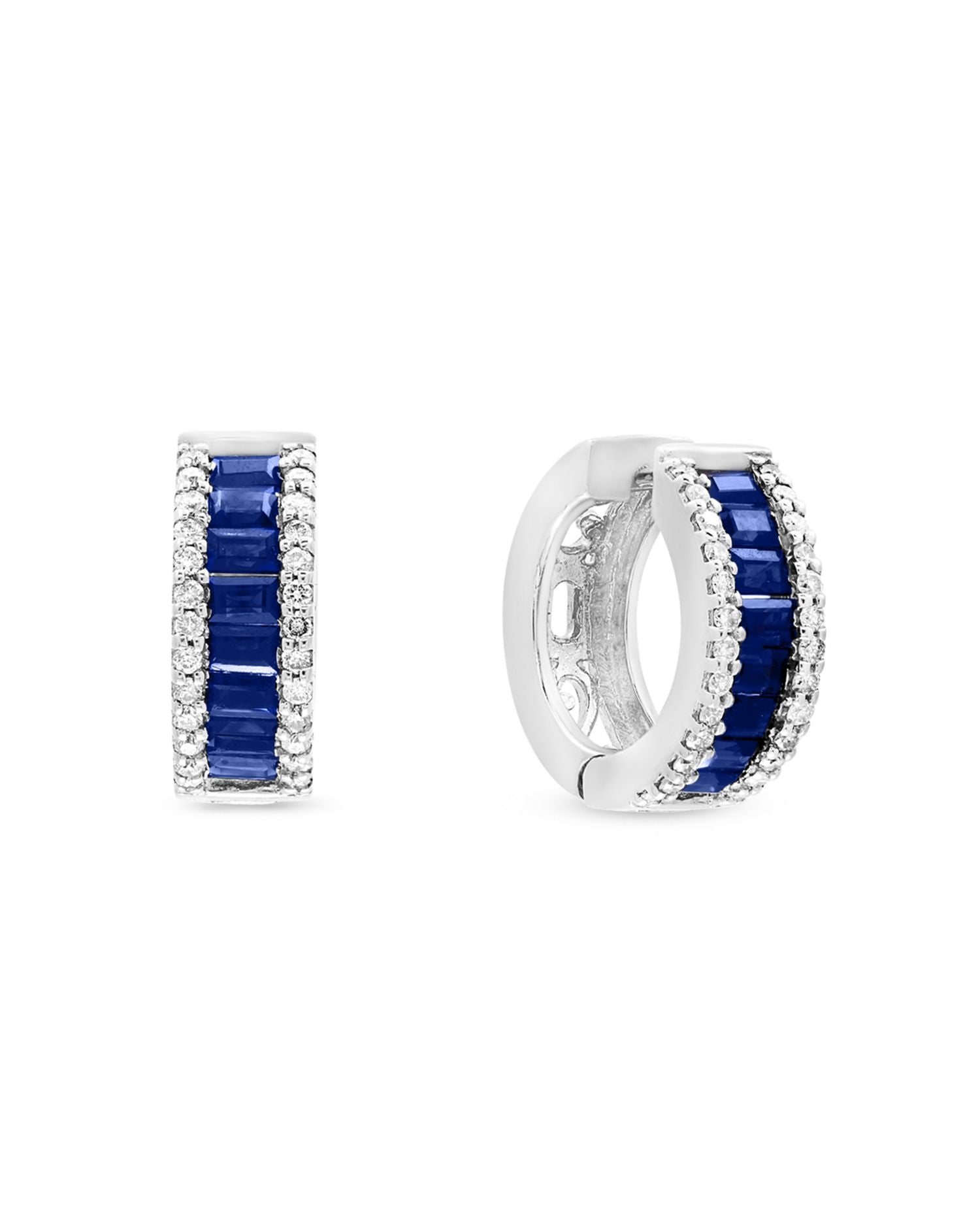 Blue Sapphire and Diamond Hoop Earrings in 14K White Gold - Exclusive
