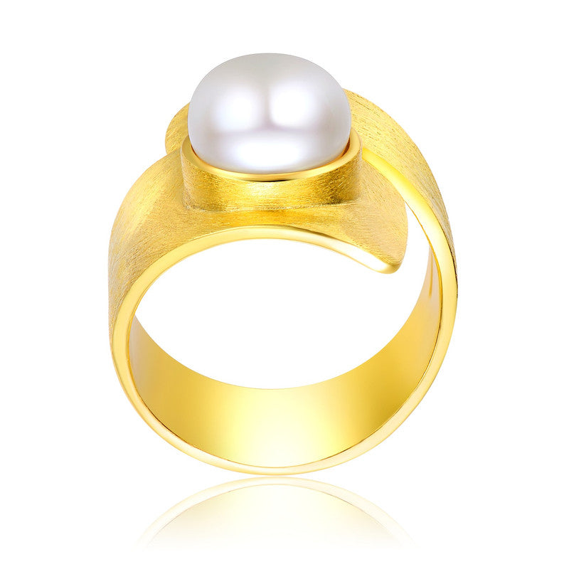Sterling Silver 14k Gold Plated with Genuine Freshwater Pearl Modern Ring