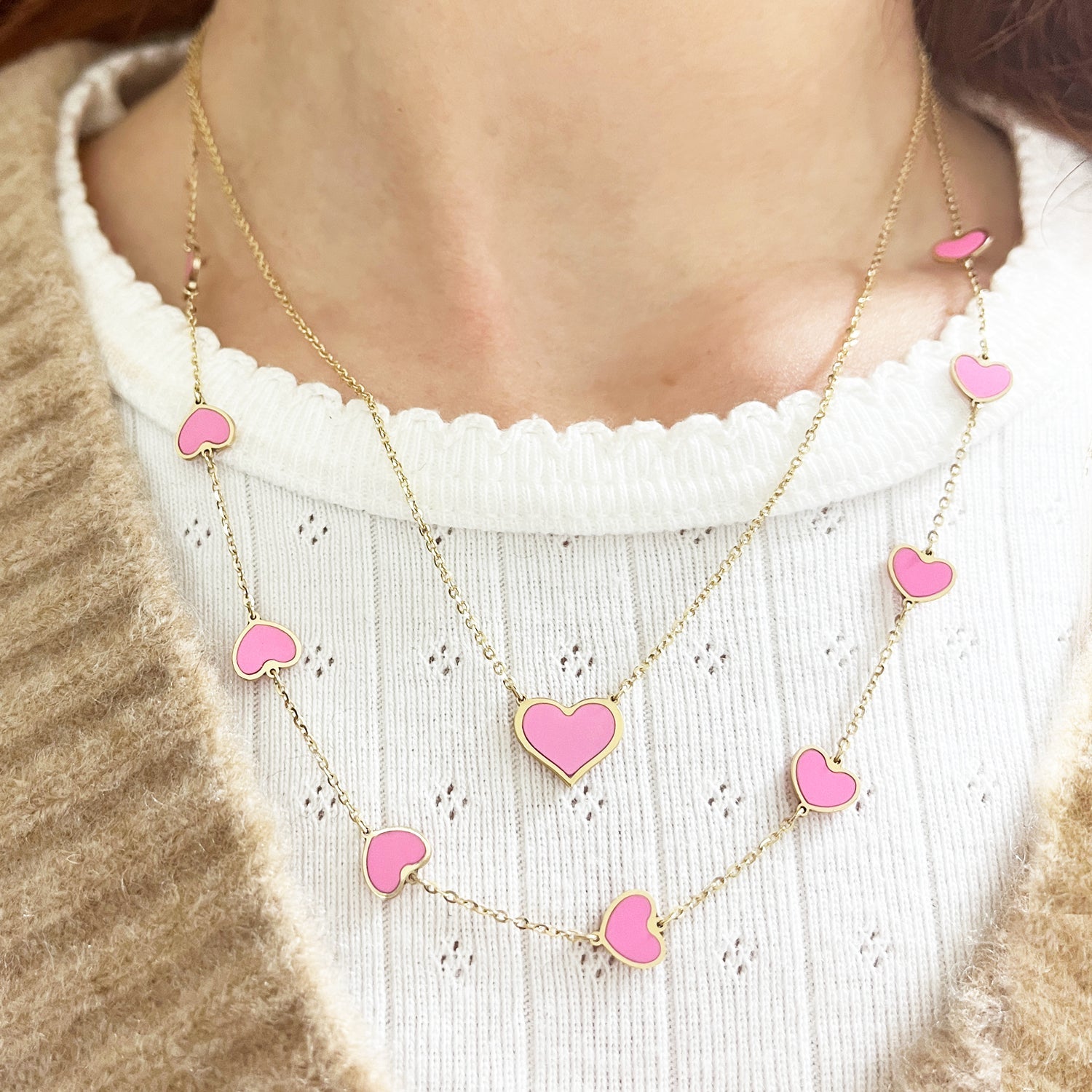 Bubblegum Pink Heart Station Necklace