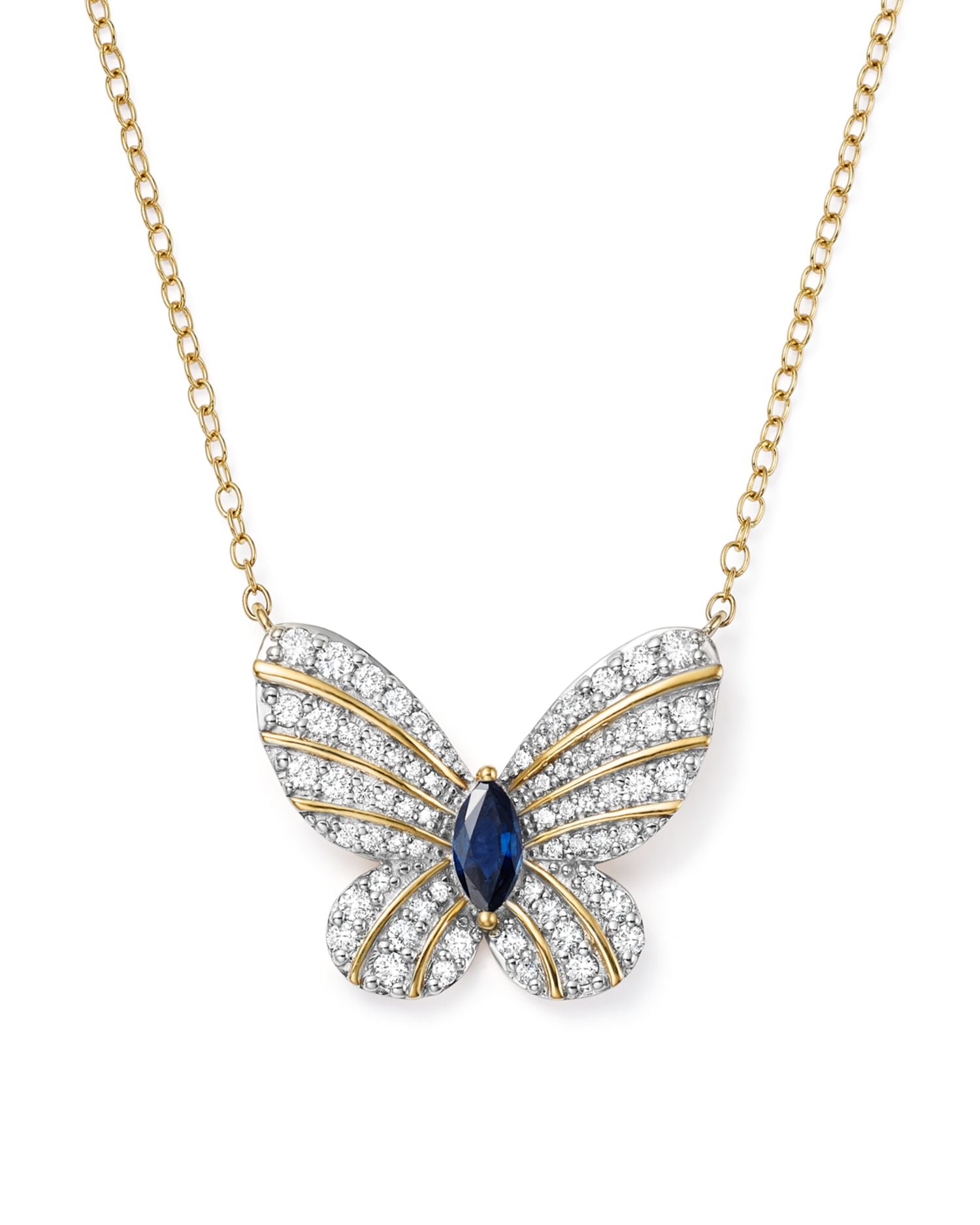 Diamond and Blue Sapphire Butterfly Pendant Necklace in 14K Yellow Gold, 17' - Exclusive