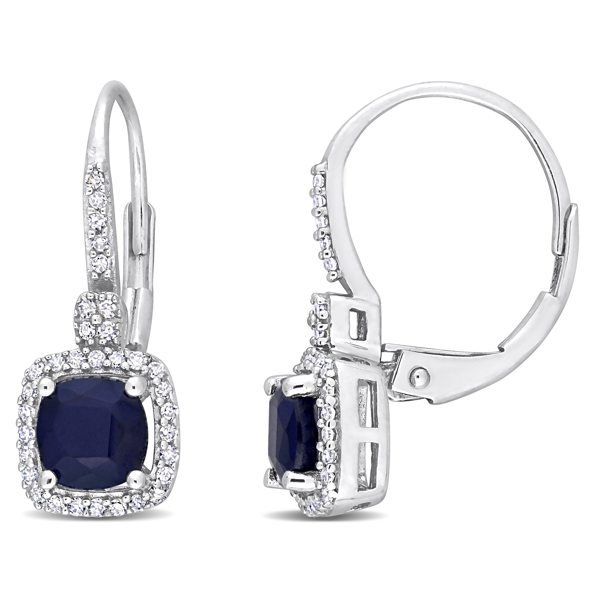 Cushion Cut Diffused Sapphire and 1/5ct TW Diamond Halo Leverback Earrings in 10k White Gold