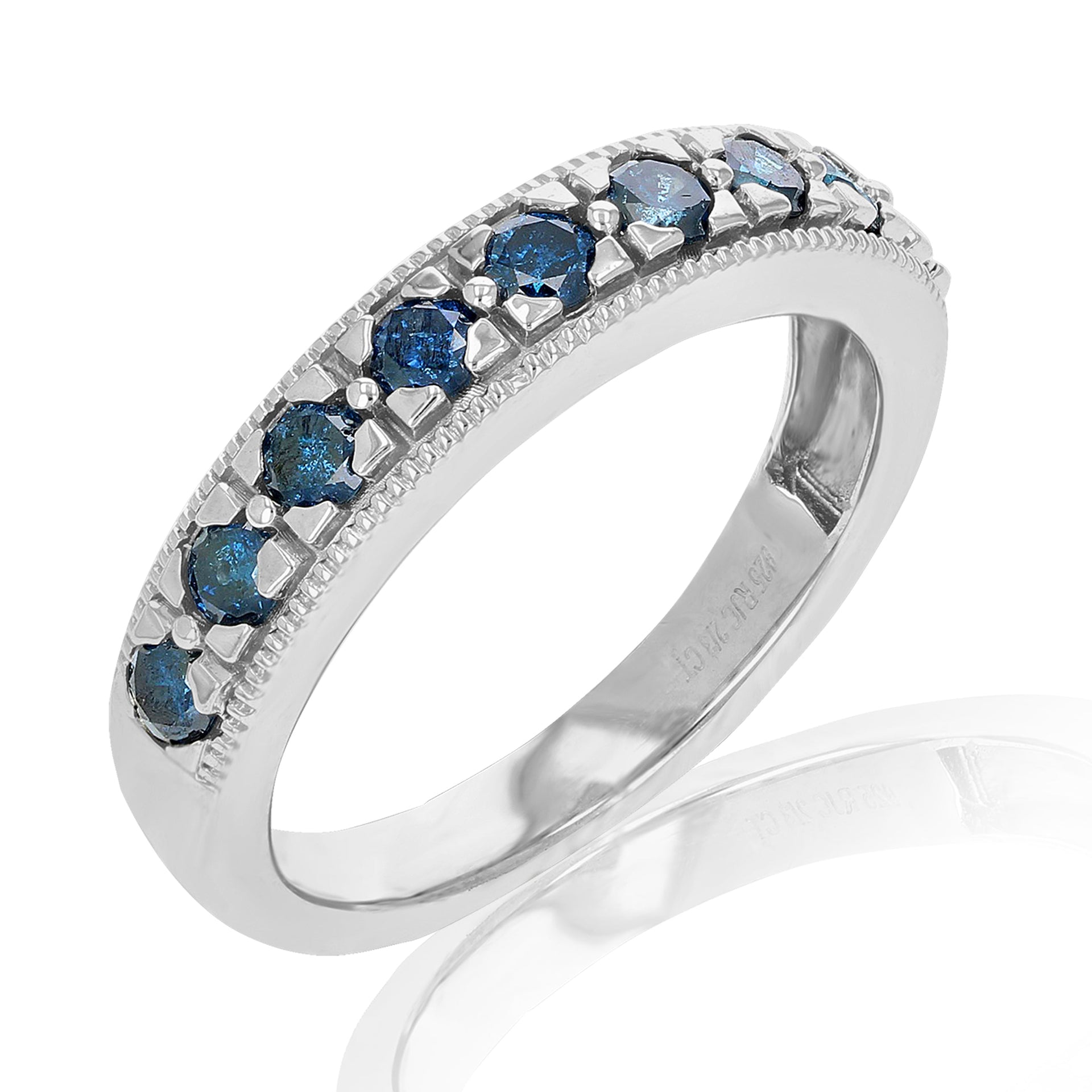 2/3 Cttw Blue Diamond Wedding Band .925 Sterling Silver Prong Set