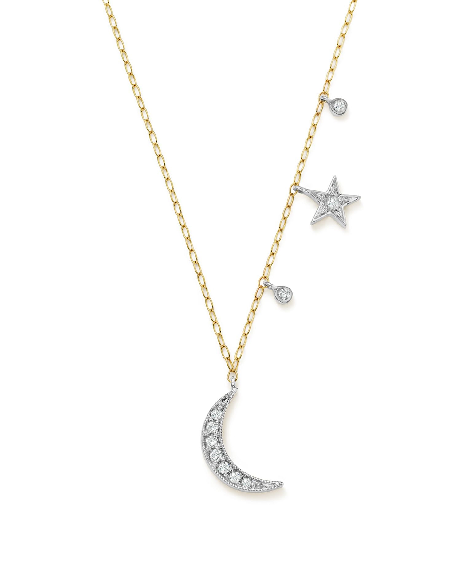14K White and Yellow Gold Diamond Moon and Star Pendant Necklace, 16'