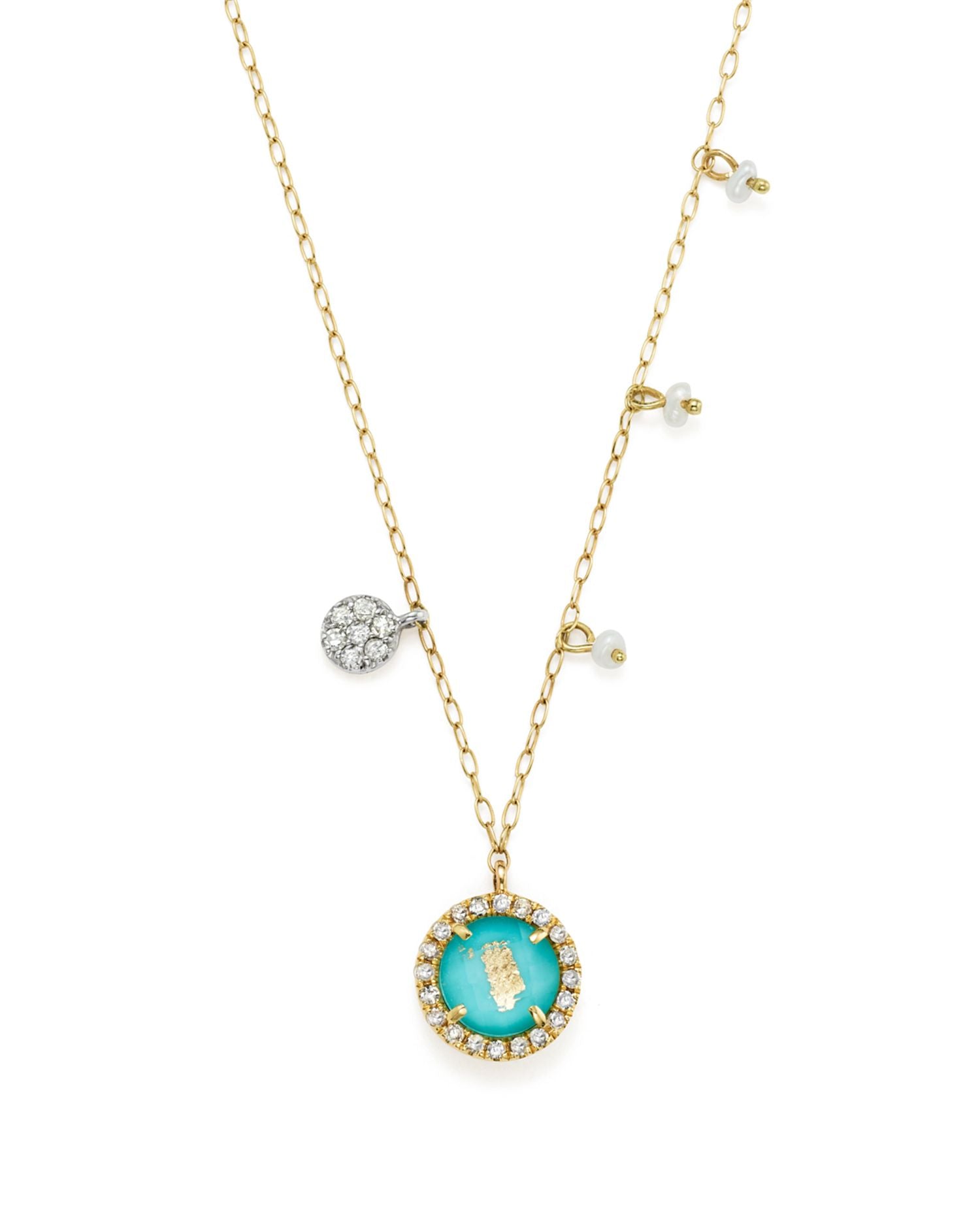 14K Yellow Gold Turquoise Doublet and Diamond Pendant Necklace with Cultured Freshwater Pearl Charms, 16'