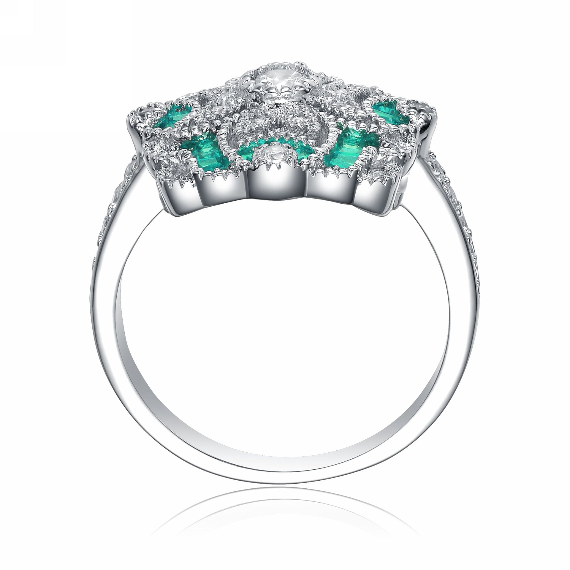 Sterling Silver Emerald Cubic Zirconia Floral Cocktail Ring